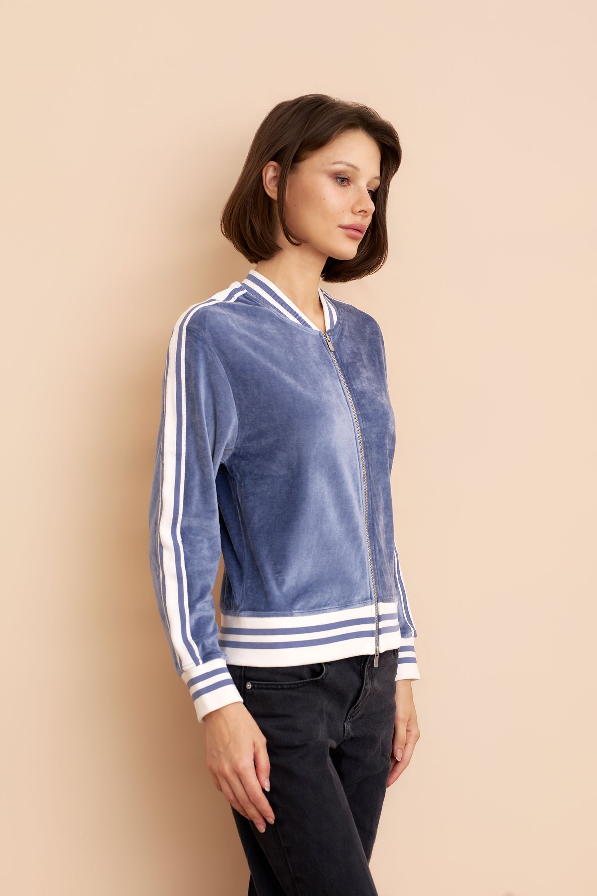 Velour Zip Bomber with Stripe Detail in Windy Blue
