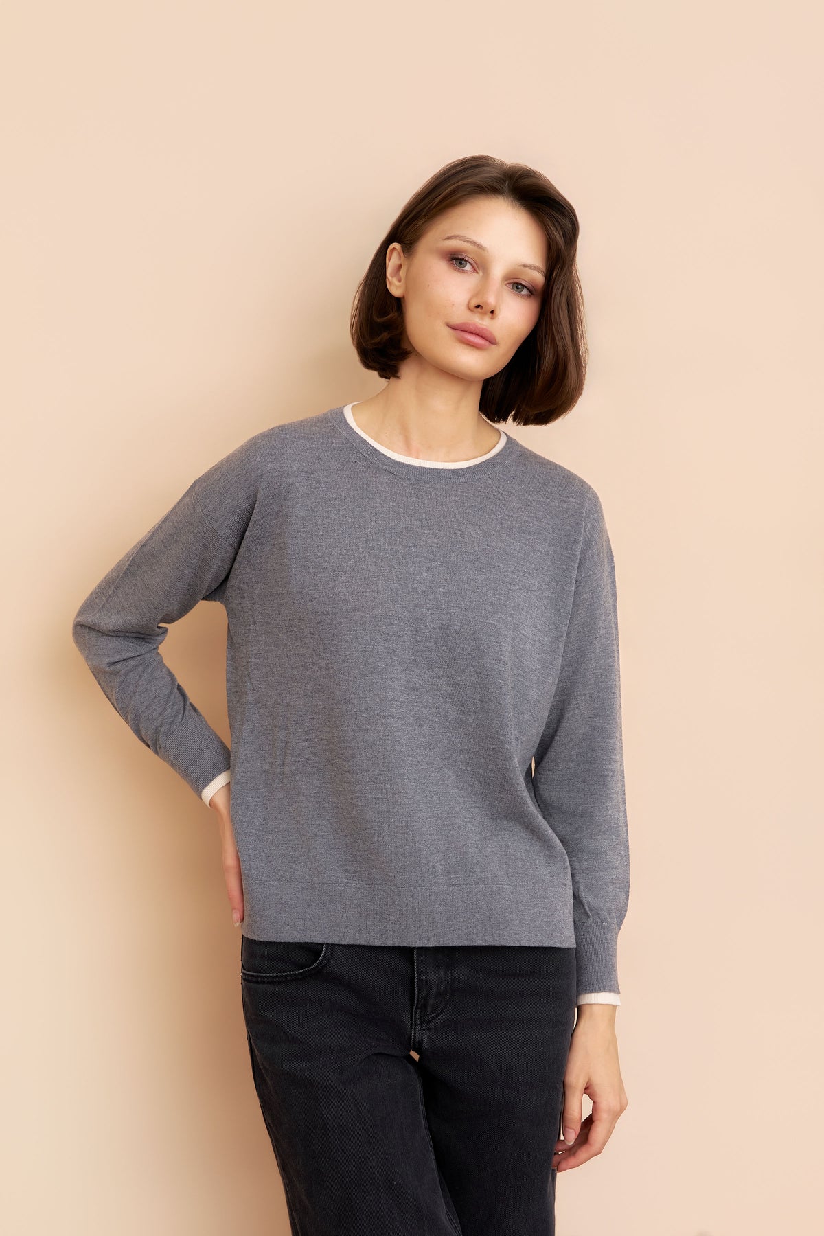 Wool Silk Cashmere Long Sleeve Knit Crewneck Sweater in Gris Chine