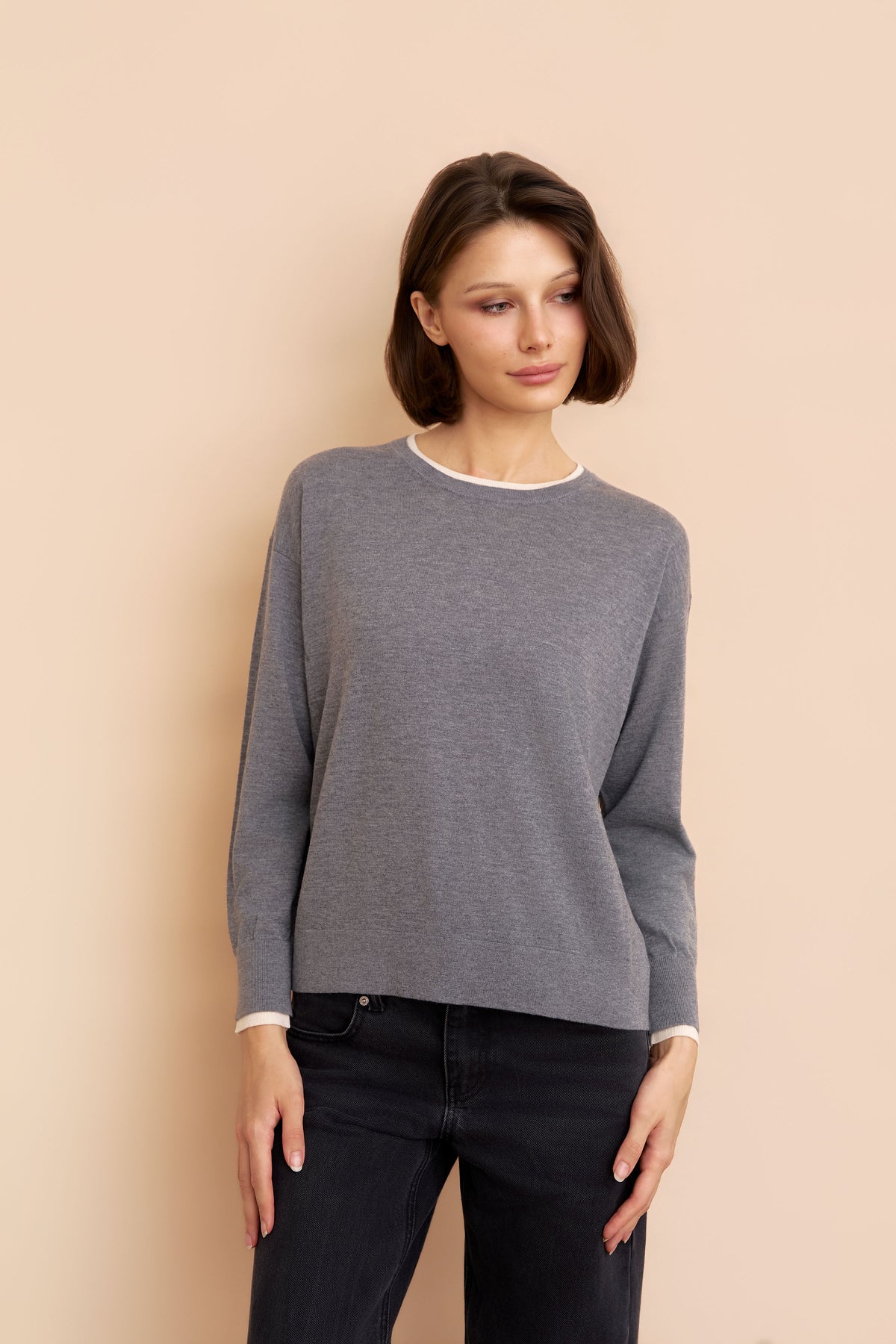 Wool Silk Cashmere Long Sleeve Knit Crewneck Sweater in Gris Chine