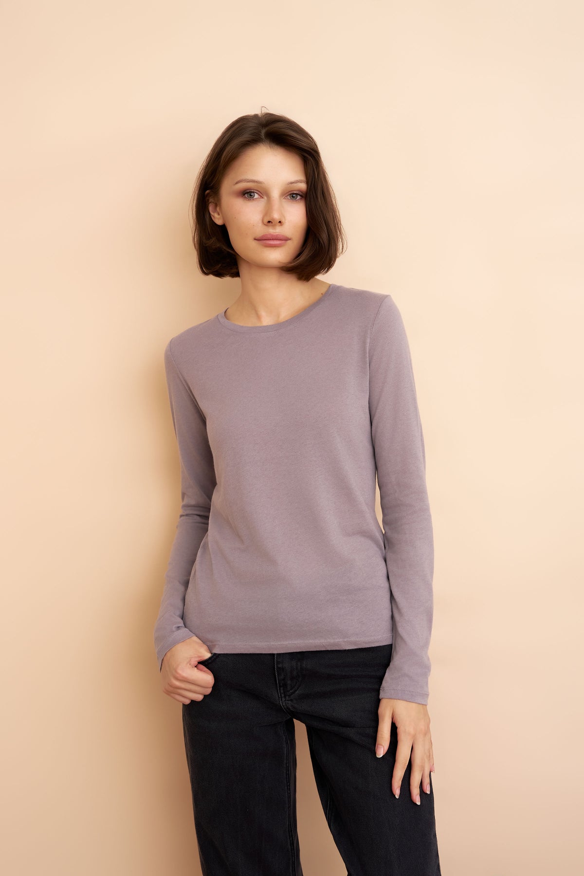 Majestic Long Sleeve Cotton/Cashmere Crewneck Tee in Steel