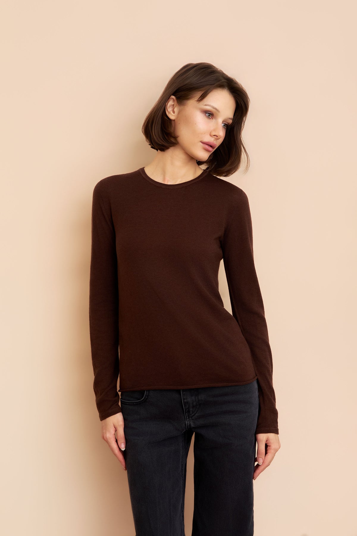 Majestic Long Sleeve Cotton/Cashmere Crewneck Tee in Chocolate Mousse