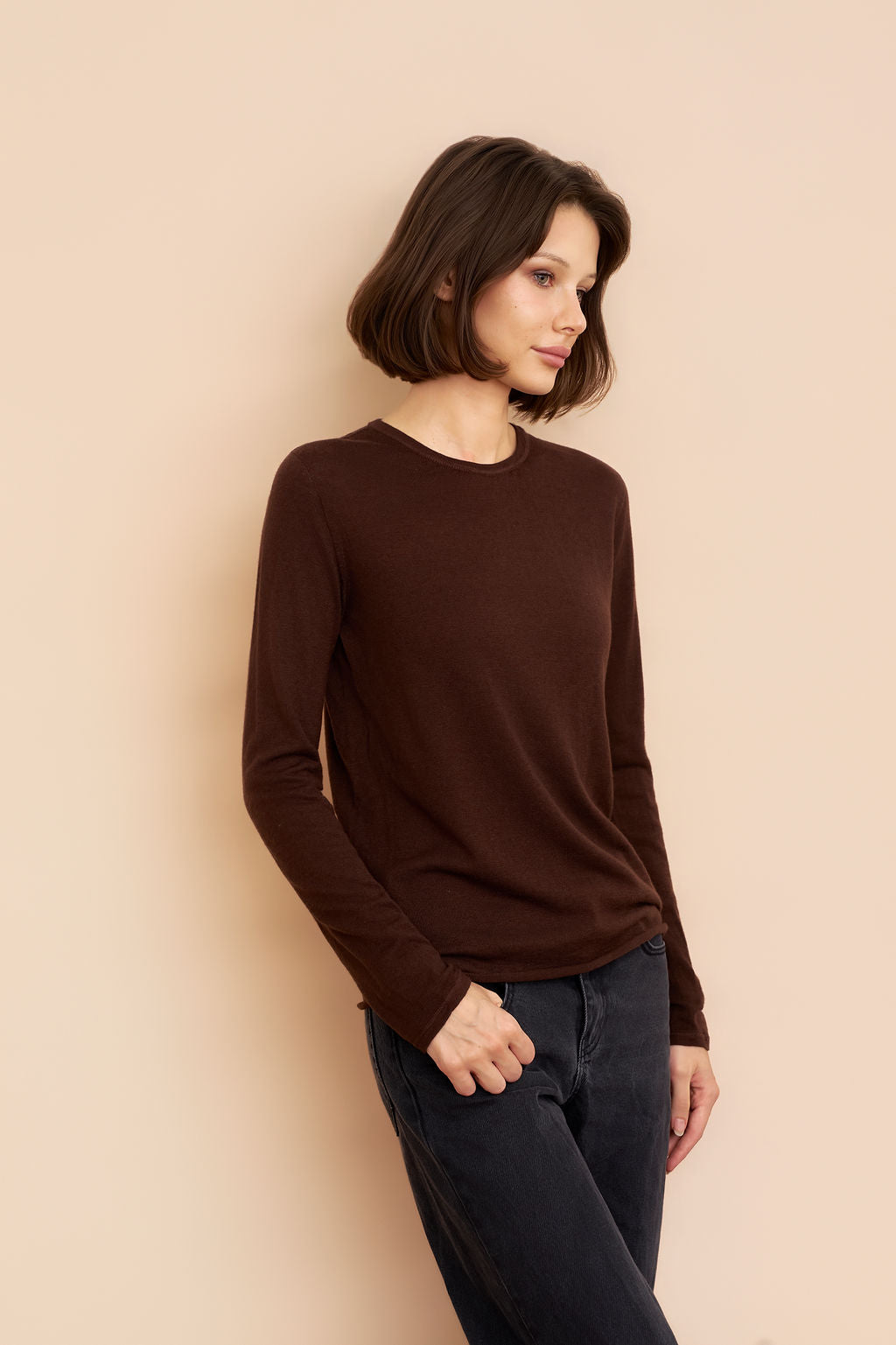 100% Machine Washable Cashmere Long Sleeve Crewneck in Chocolate Mousse