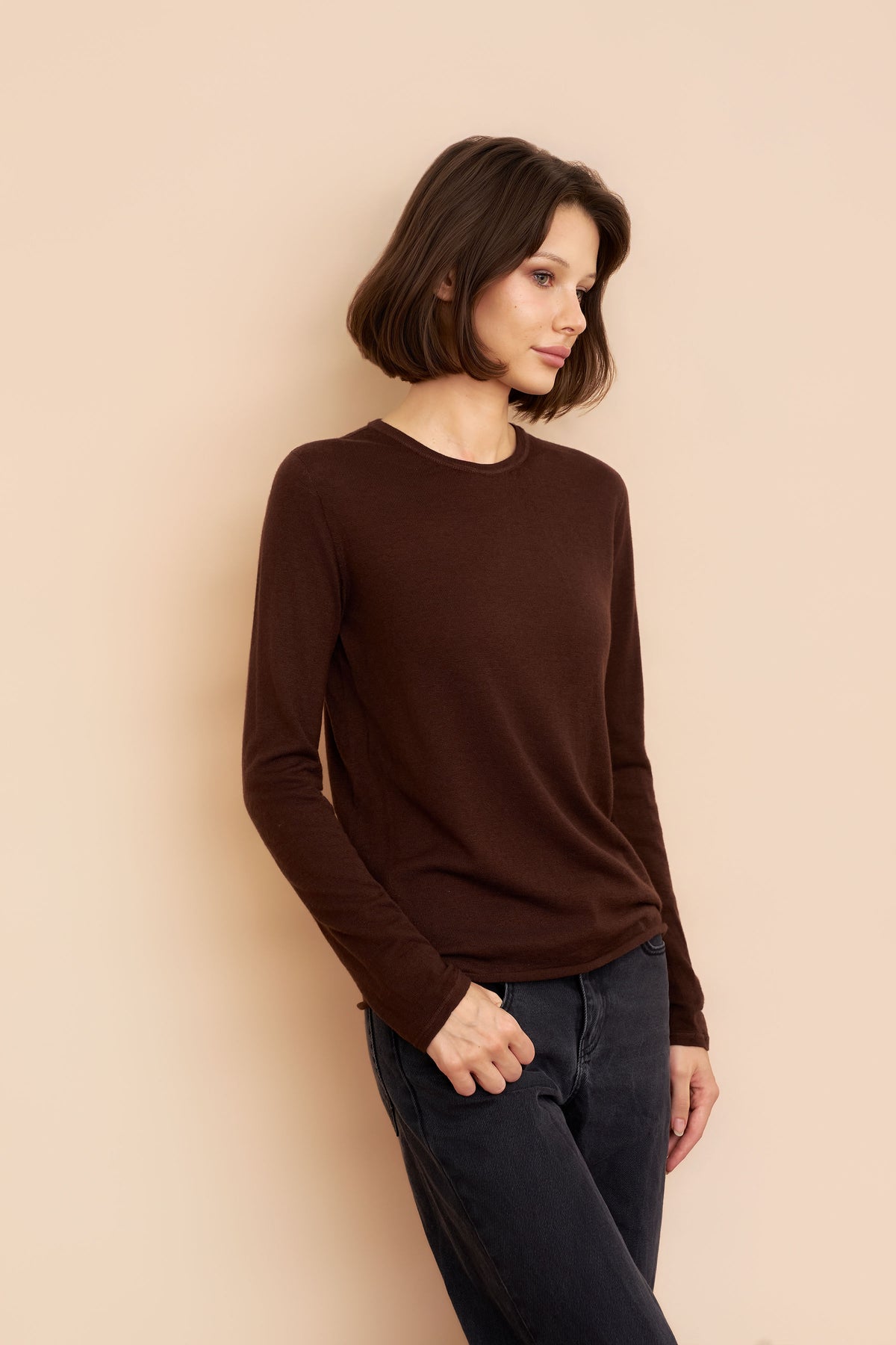 Majestic Long Sleeve Cotton/Cashmere Crewneck Tee in Chocolate Mousse