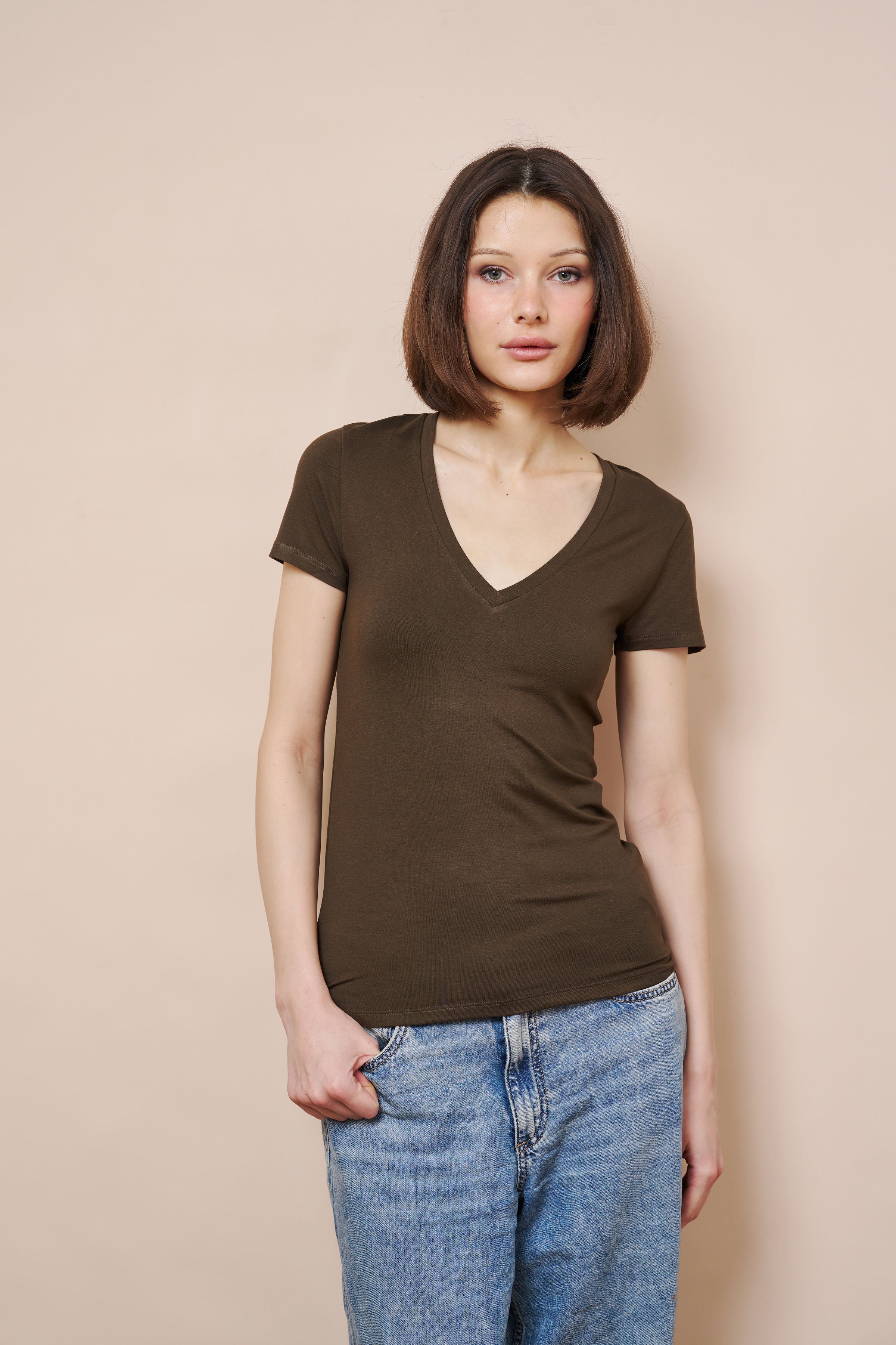 Majestic Short Sleeve V-Neck Tee in Tonka