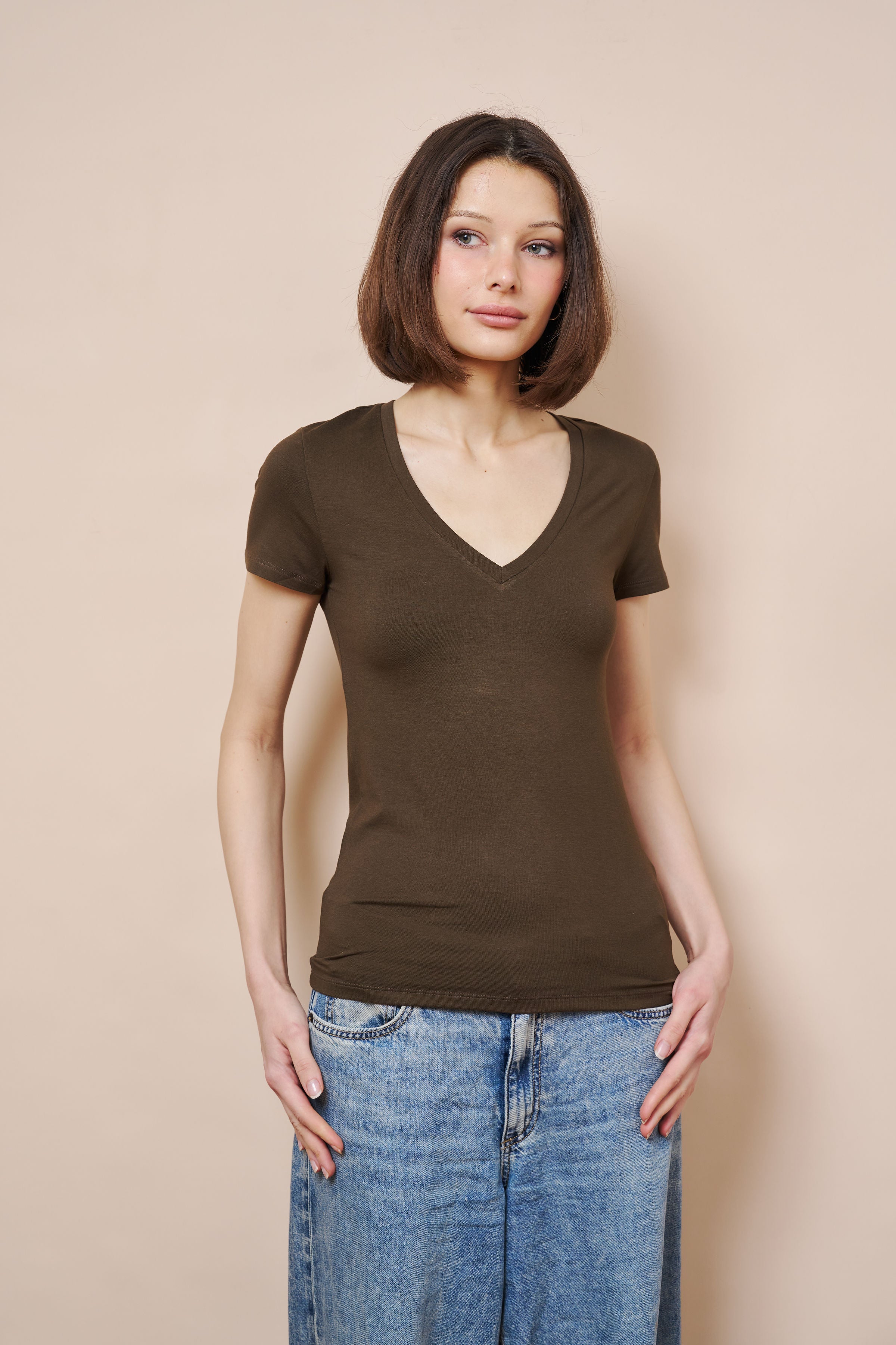 Majestic Short Sleeve V-Neck Tee in Tonka