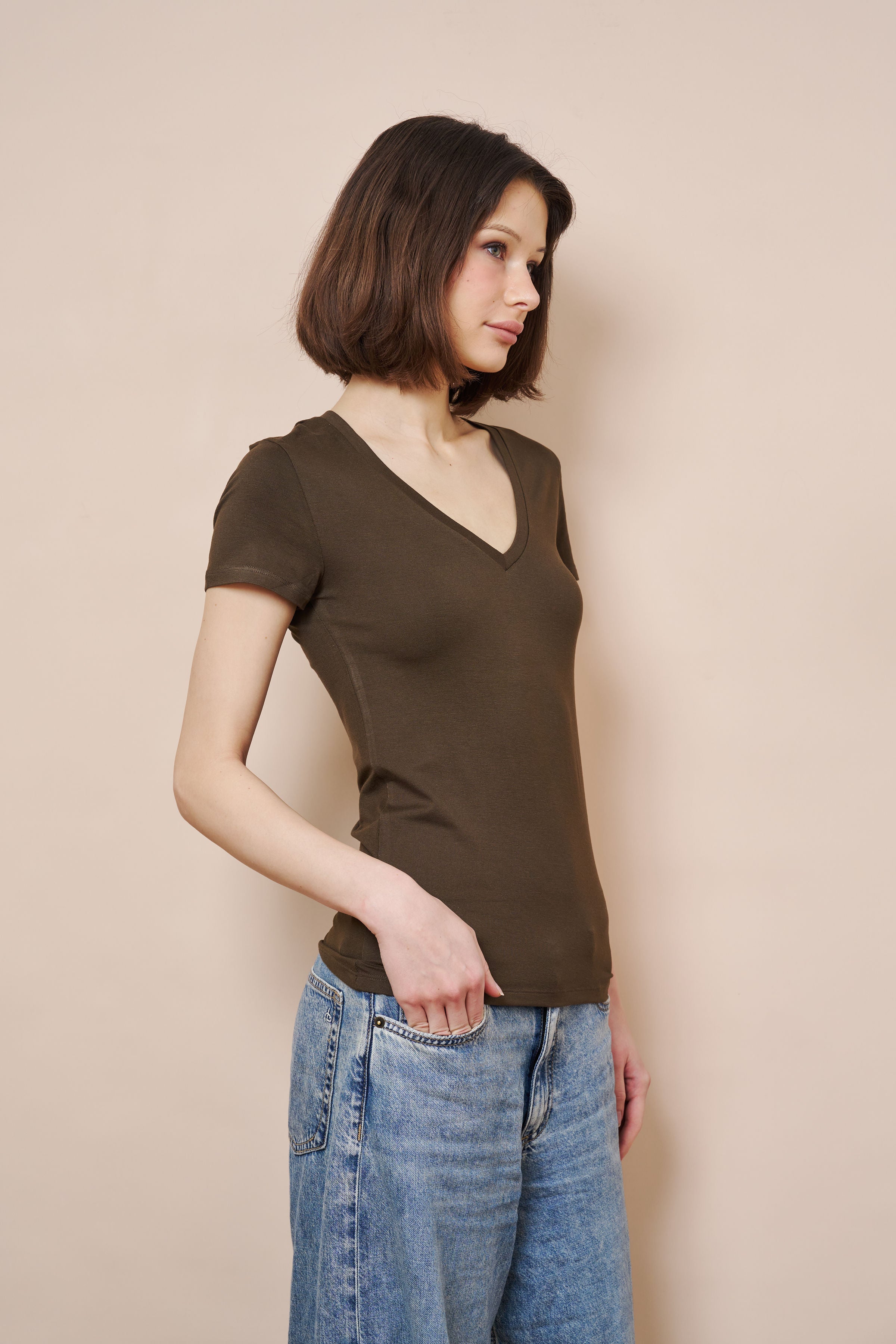 Majestic Short Sleeve V-Neck Tee in Tonka