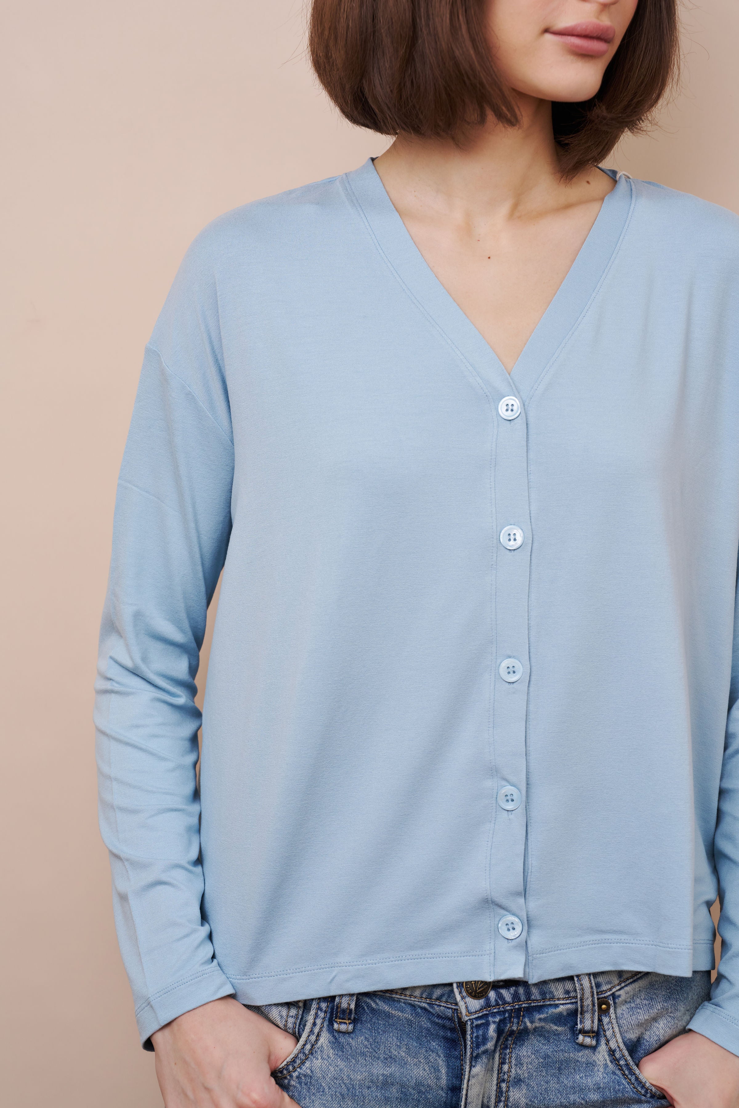 Majestic Soft Touch V-Neck Cardigan in Bleu Calanques