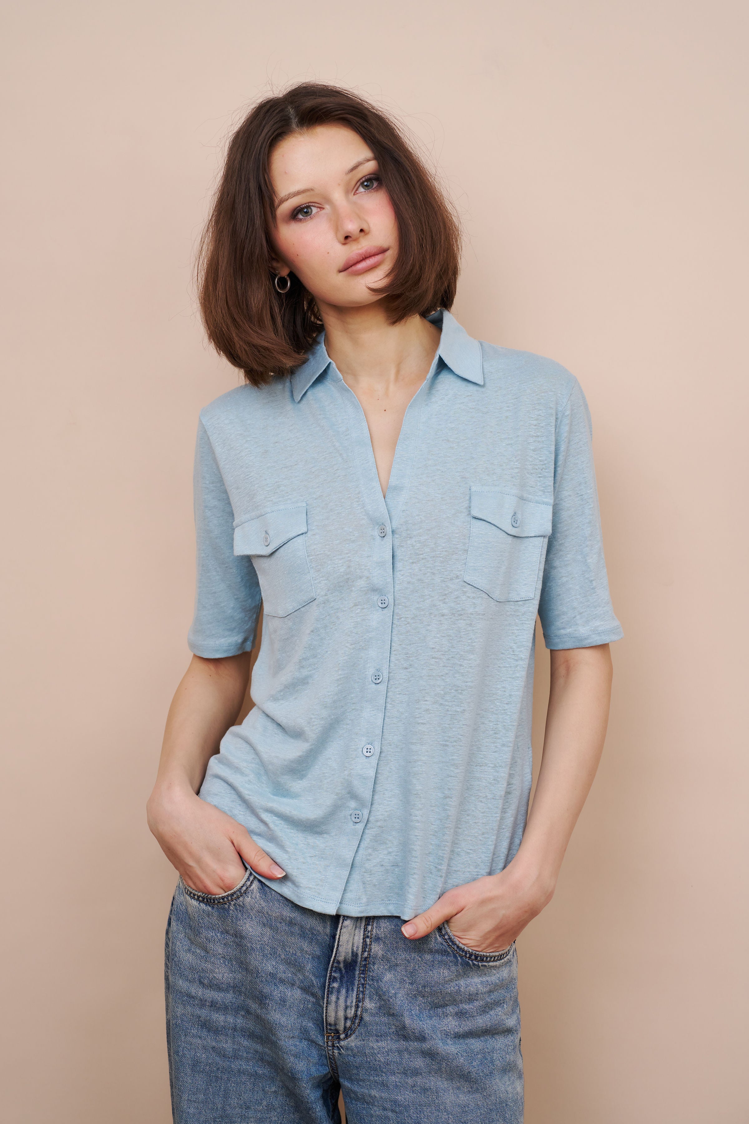 Stretch Linen 3/4 Sleeve Pocket Shirt in Bleu Calanques