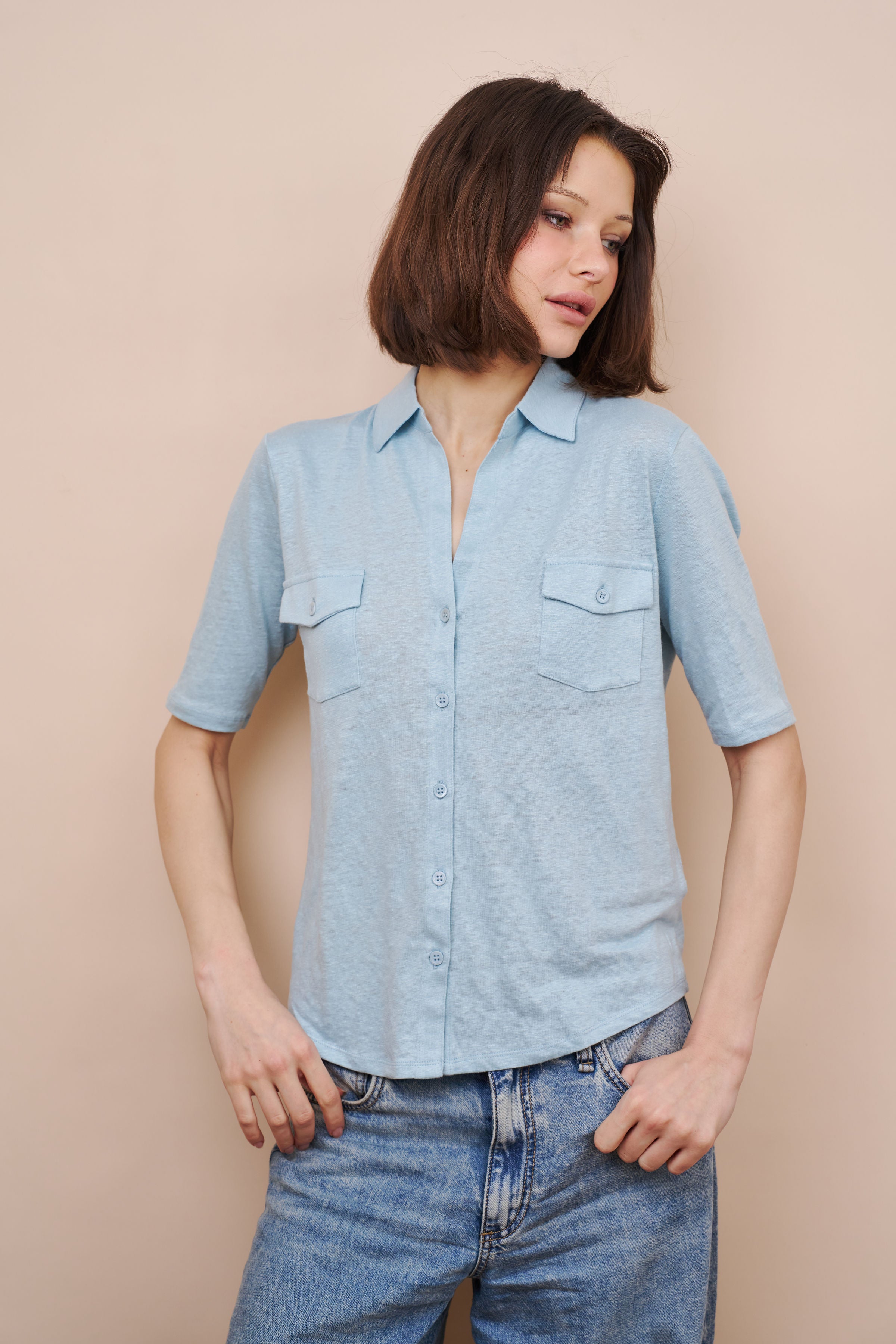 Stretch Linen 3/4 Sleeve Pocket Shirt in Bleu Calanques