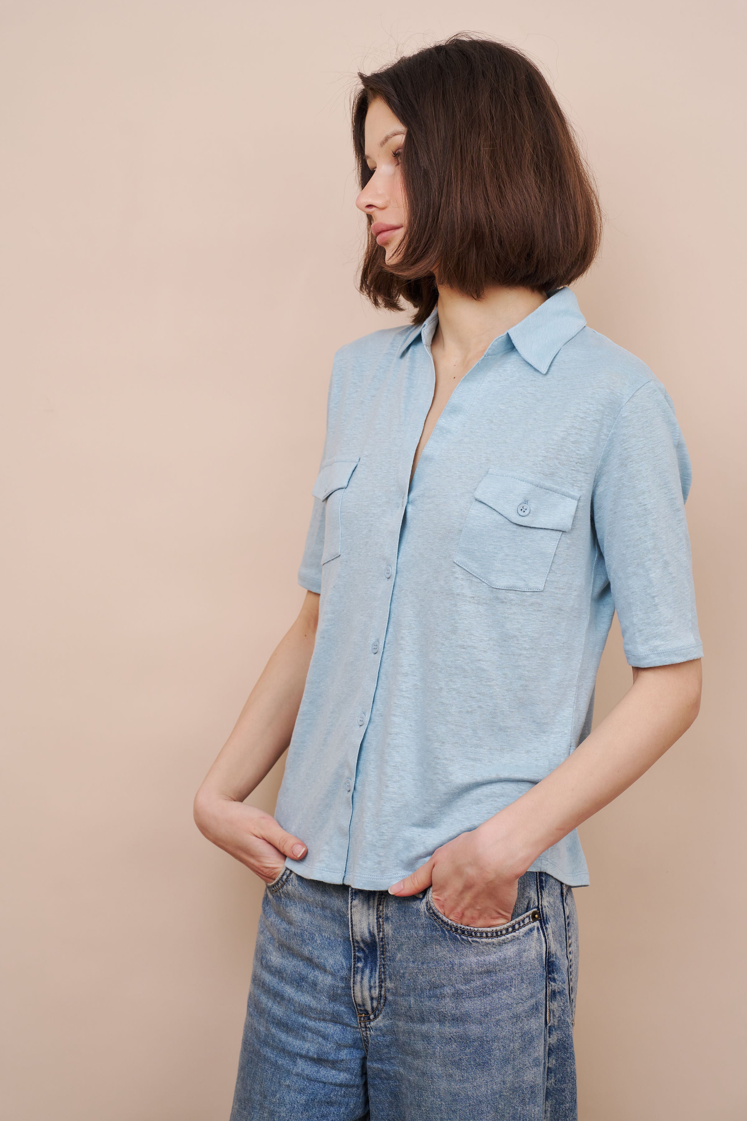 Stretch Linen 3/4 Sleeve Pocket Shirt in Bleu Calanques