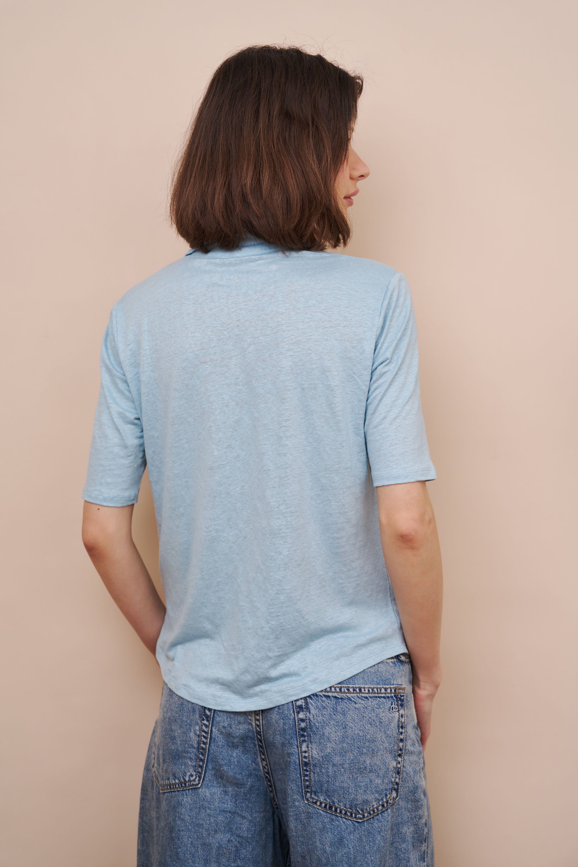 Stretch Linen 3/4 Sleeve Pocket Shirt in Bleu Calanques