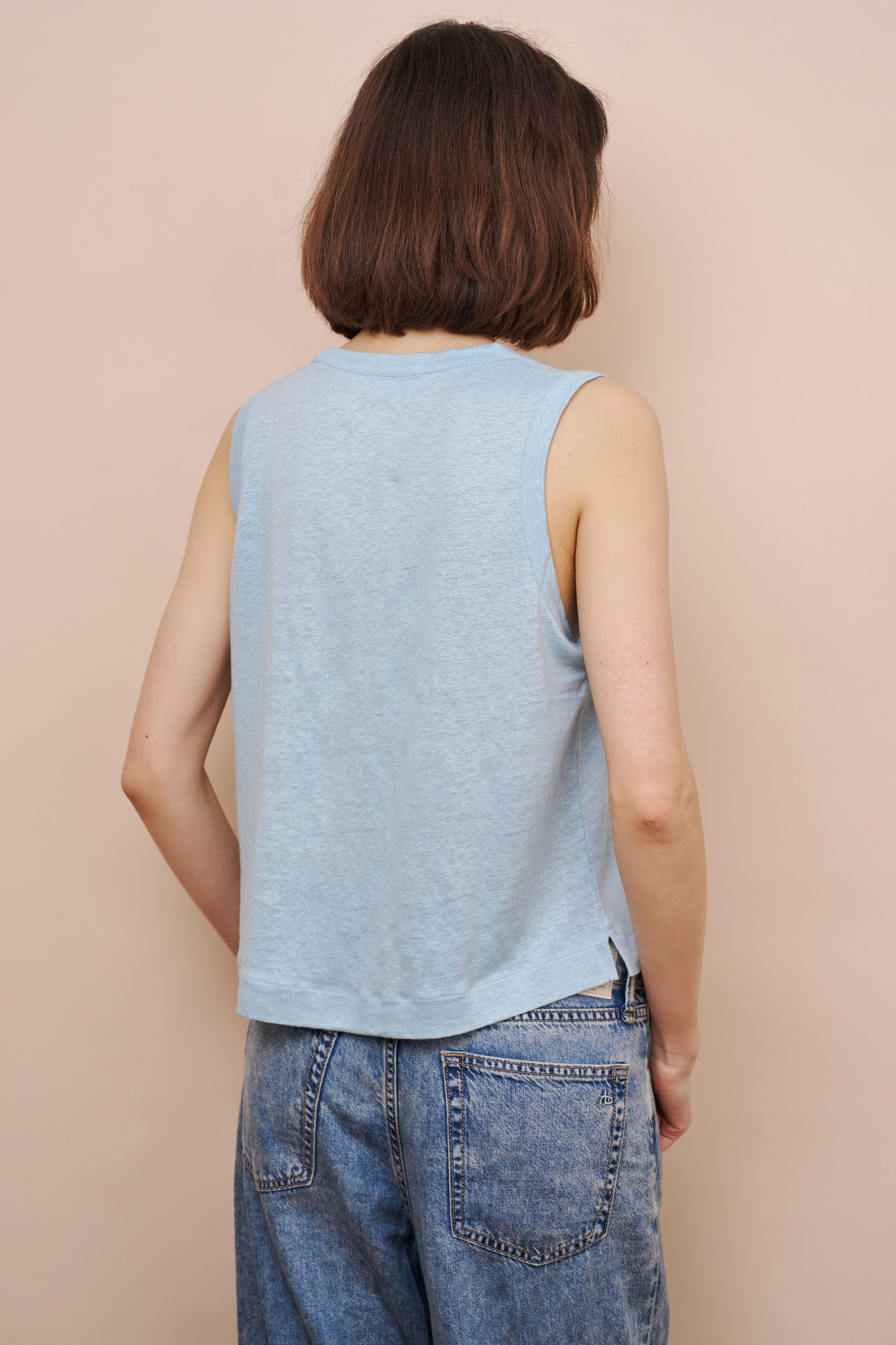 Stretch Linen Crewneck Tank in Bleu Calanques