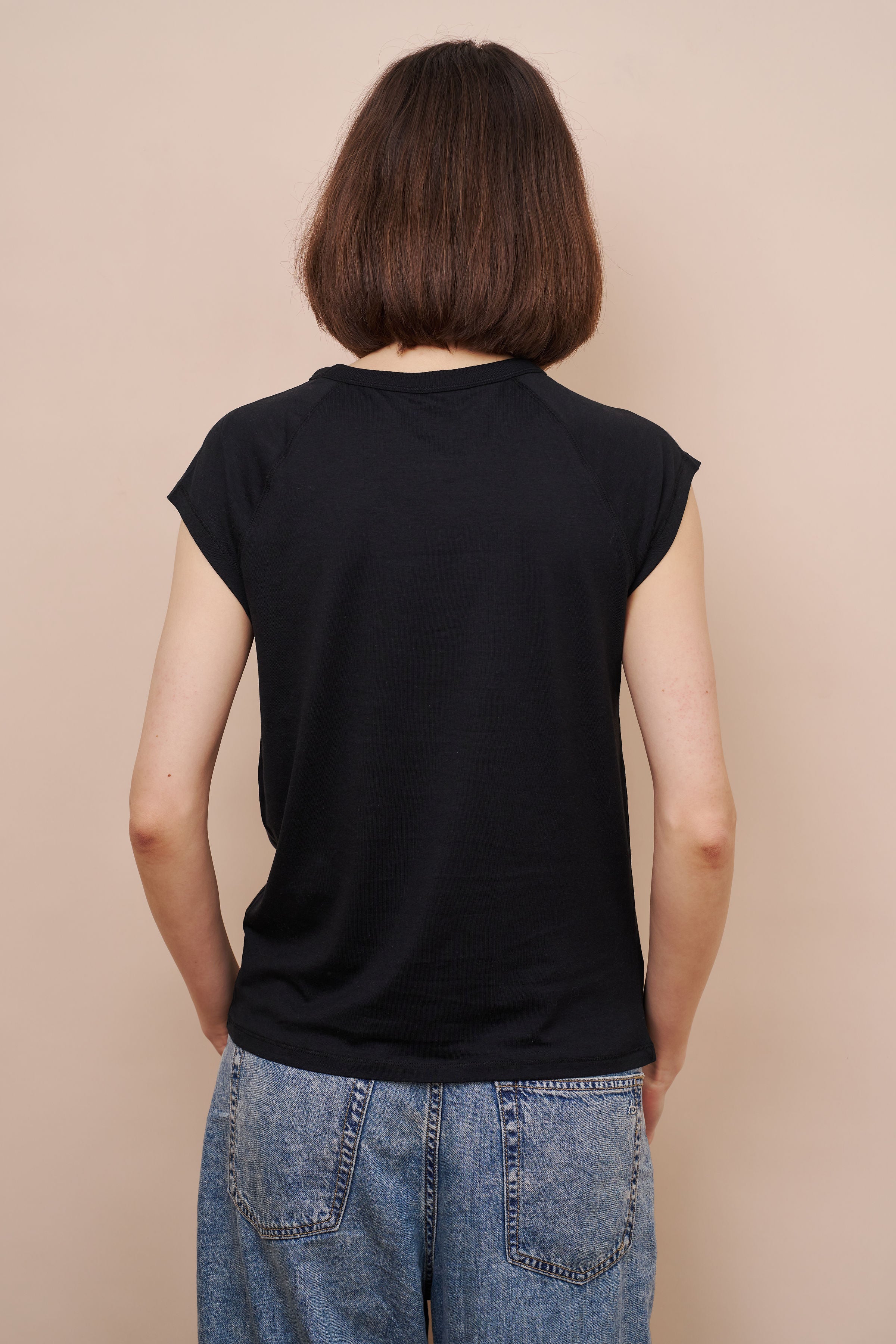 Lyocell Cotton Cap Sleeve Crewneck in Noir