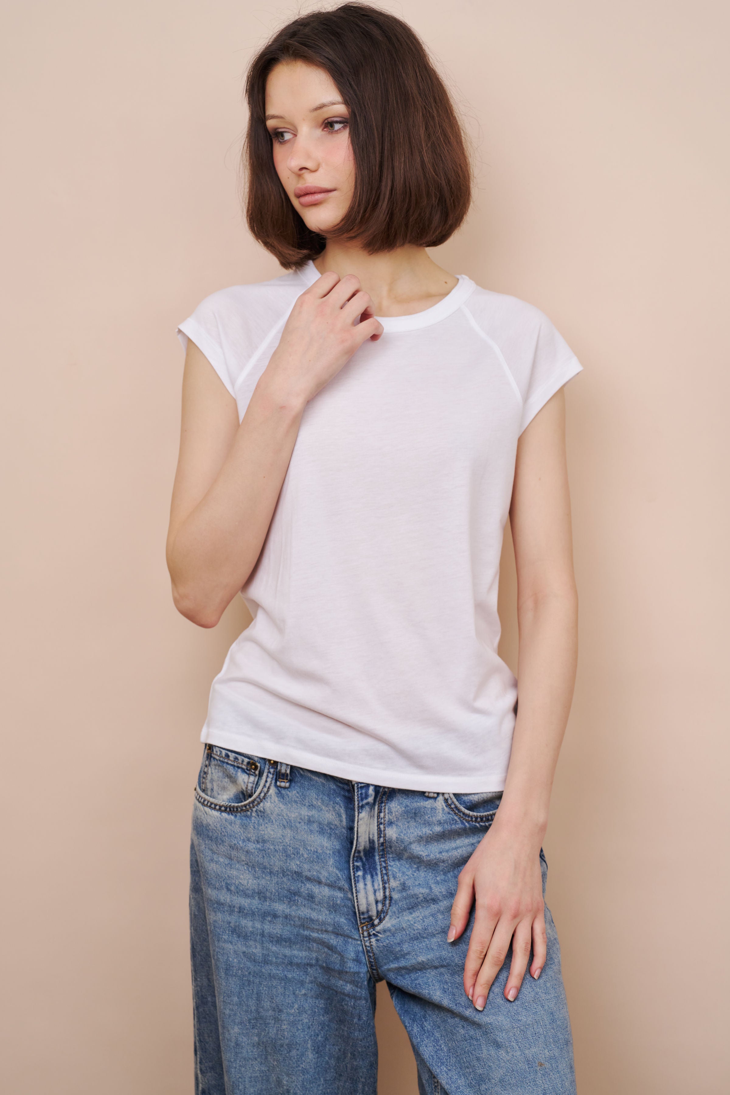 Lyocell Cotton Cap Sleeve Crewneck in Blanc