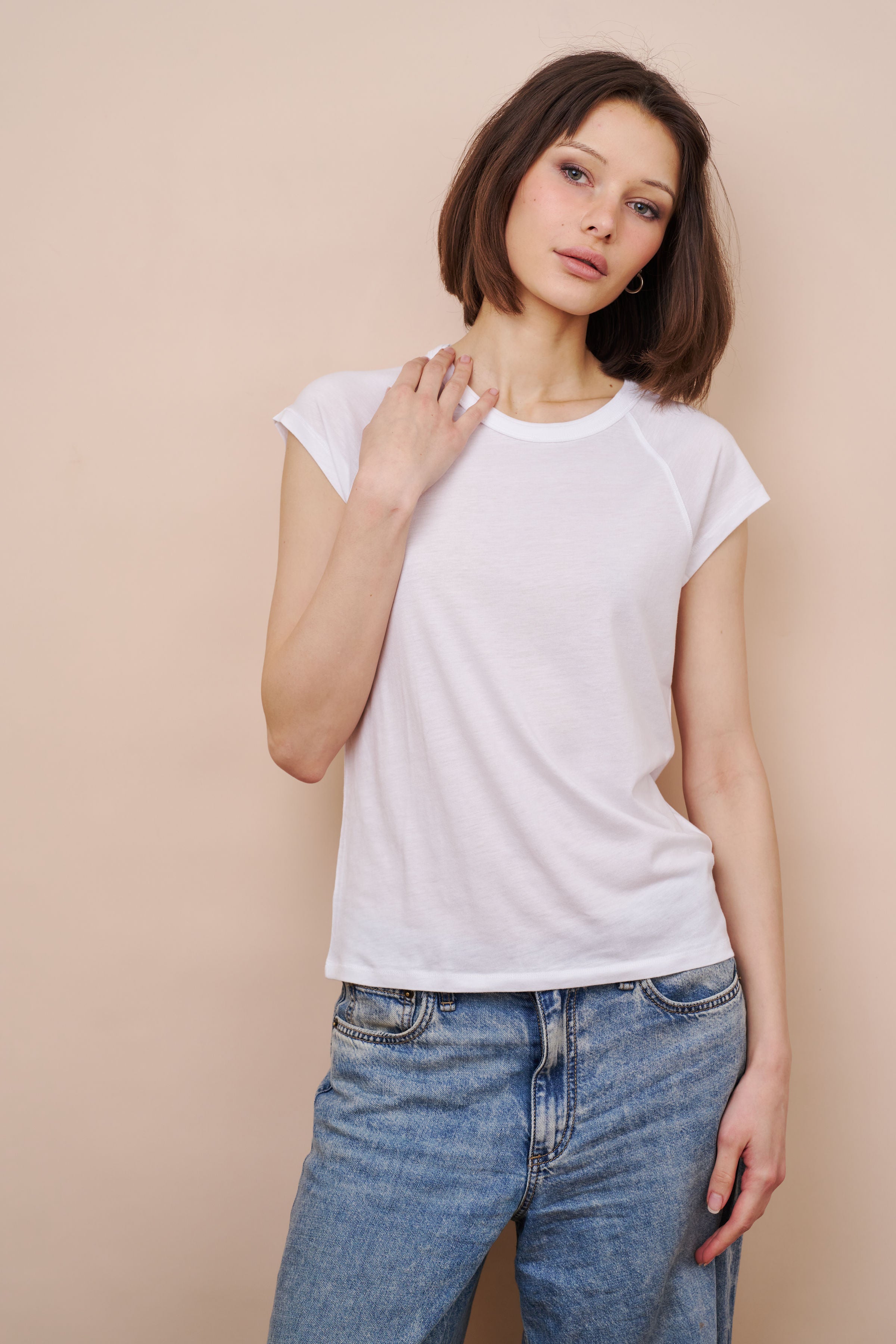 Lyocell Cotton Cap Sleeve Crewneck in Blanc