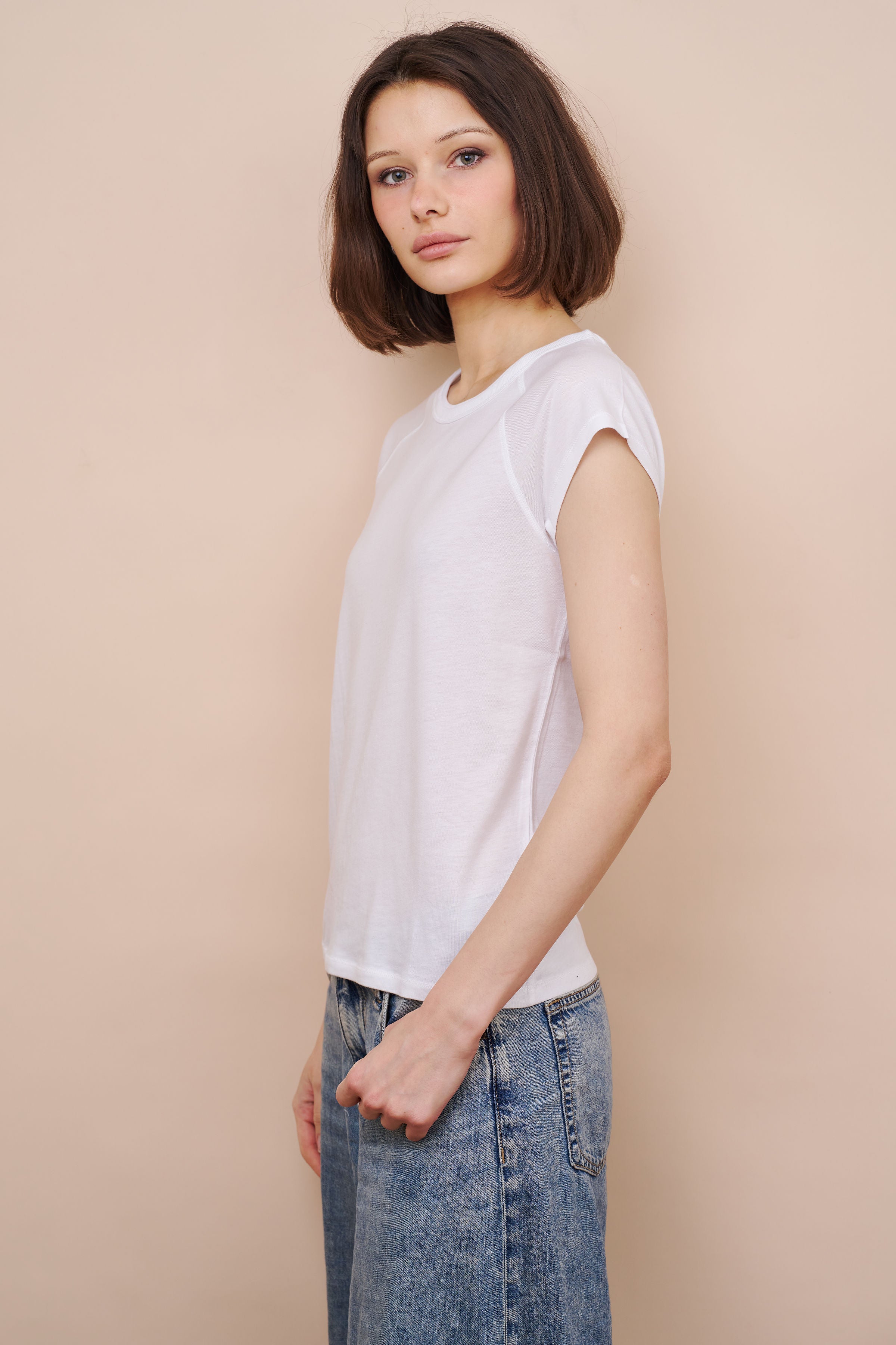Lyocell Cotton Cap Sleeve Crewneck in Blanc