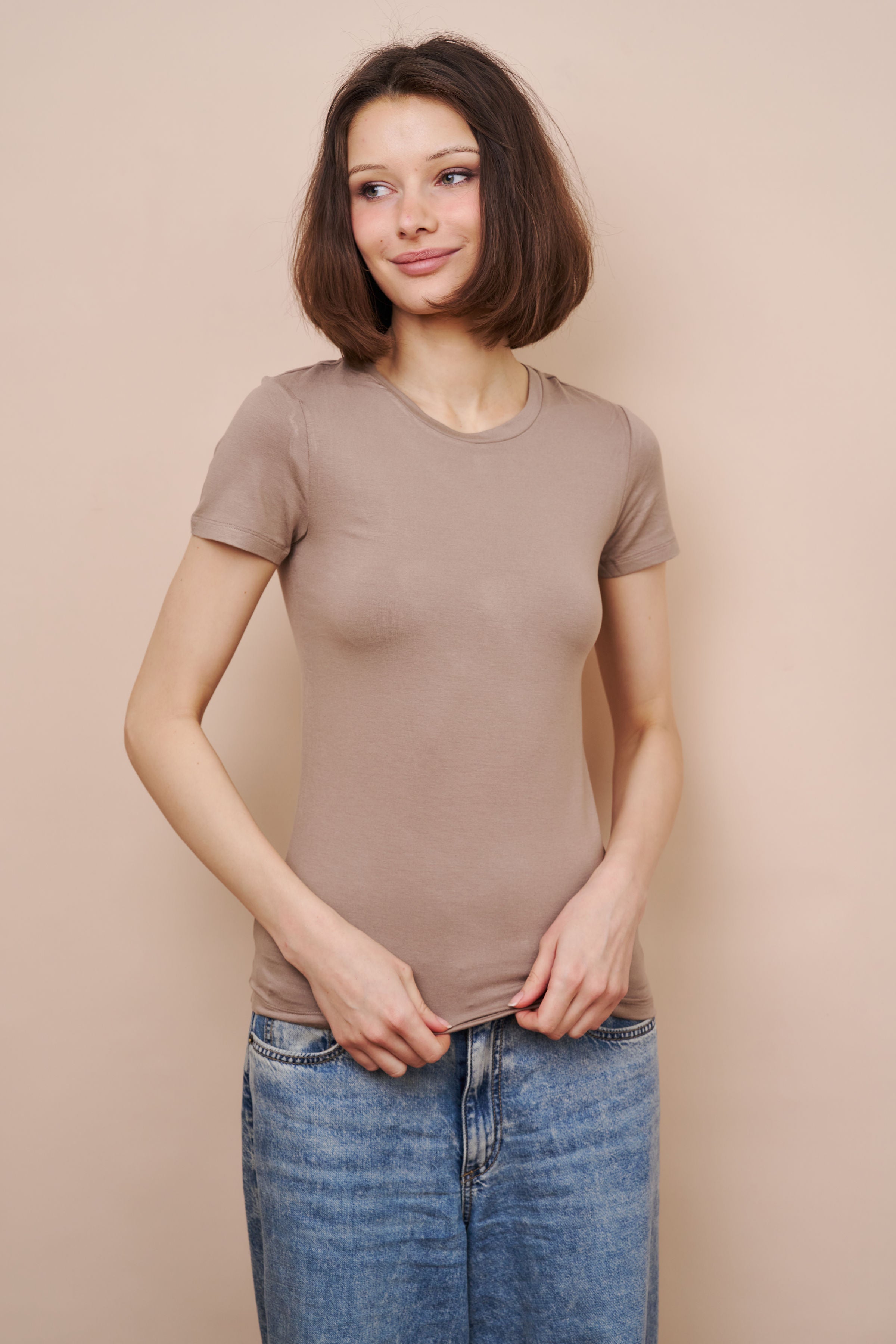 Majestic Soft Touch Short Sleeve Crewneck in Coffee Latte