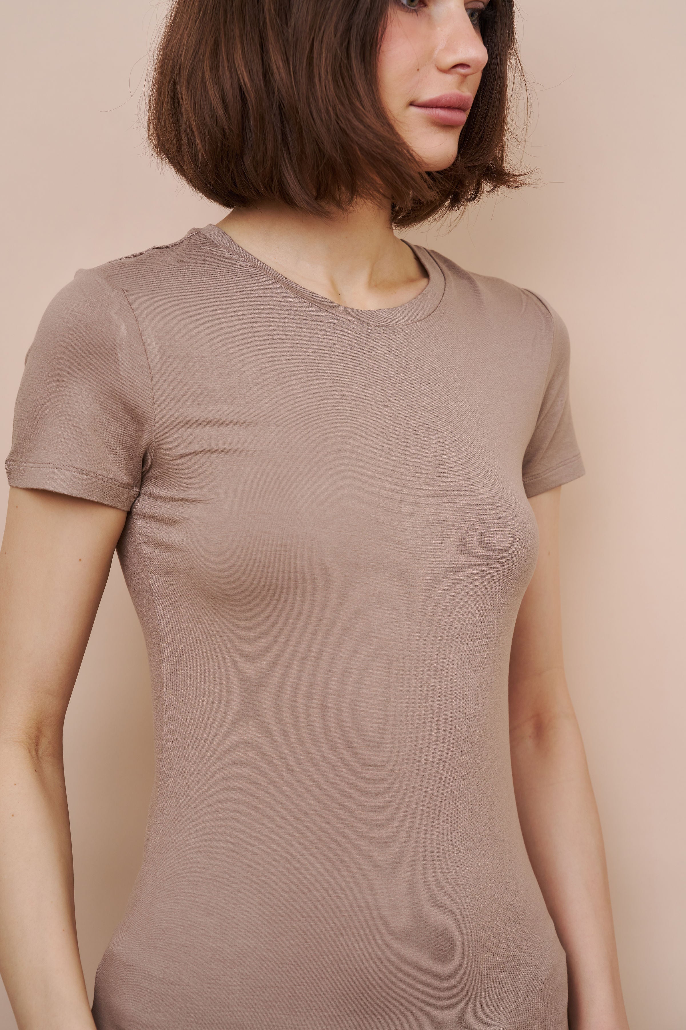Majestic Soft Touch Short Sleeve Crewneck in Coffee Latte