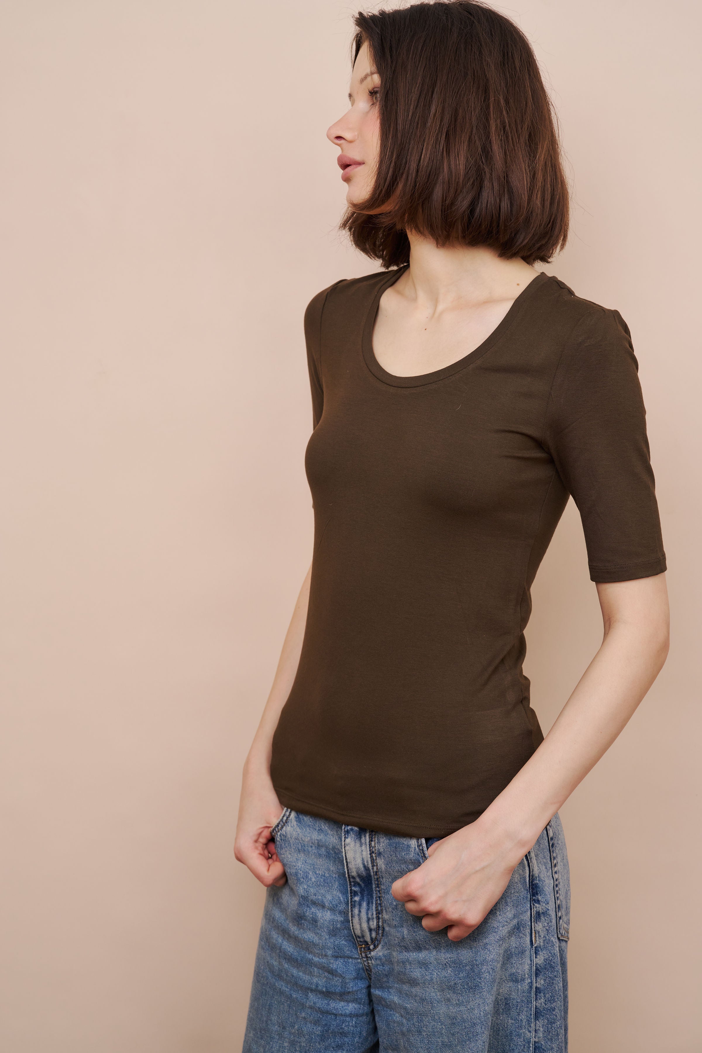 Majestic Elbow Sleeve Scoop Neck Tee in Tonka