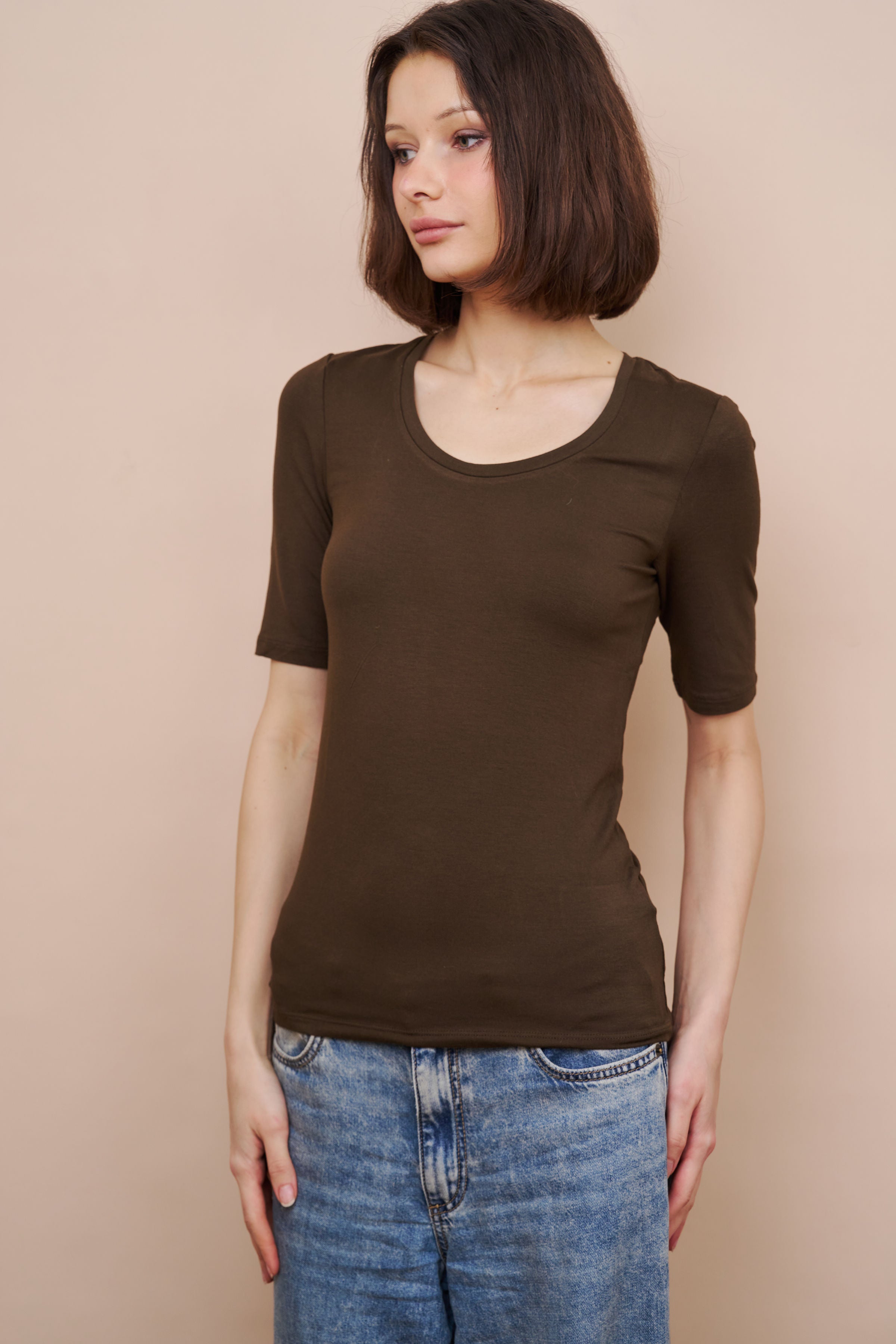 Majestic Elbow Sleeve Scoop Neck Tee in Tonka
