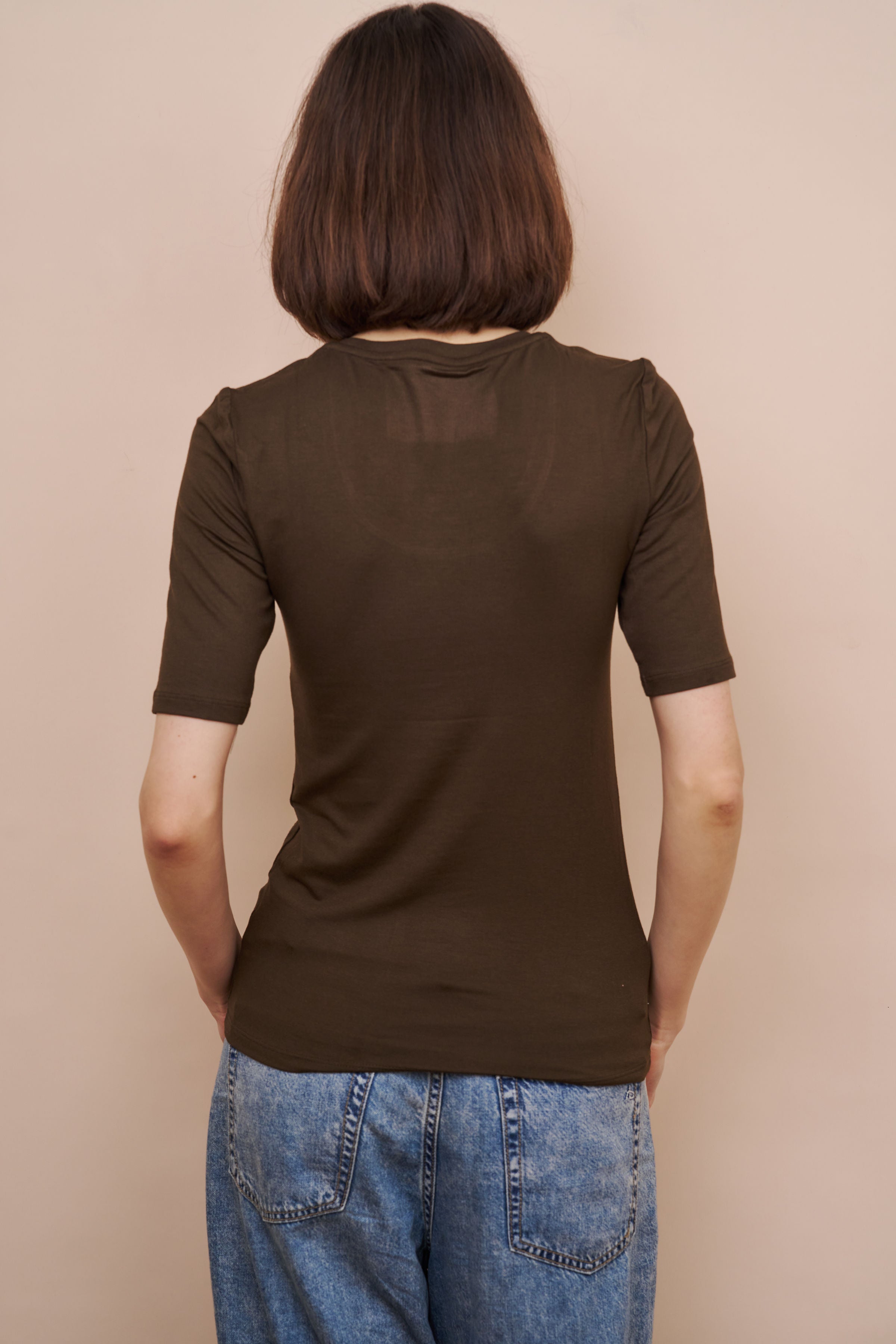 Majestic Elbow Sleeve Scoop Neck Tee in Tonka