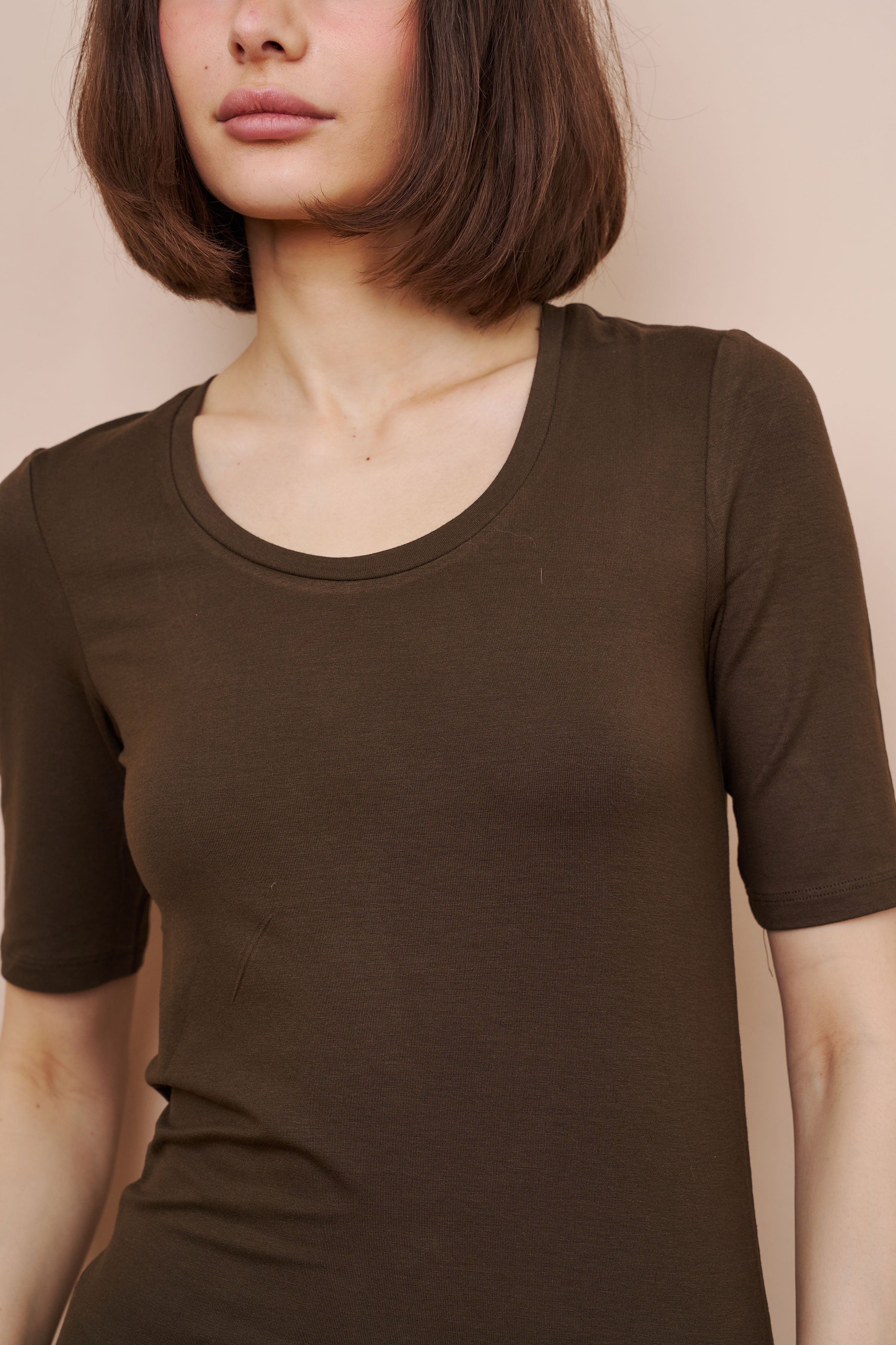 Majestic Elbow Sleeve Scoop Neck Tee in Tonka