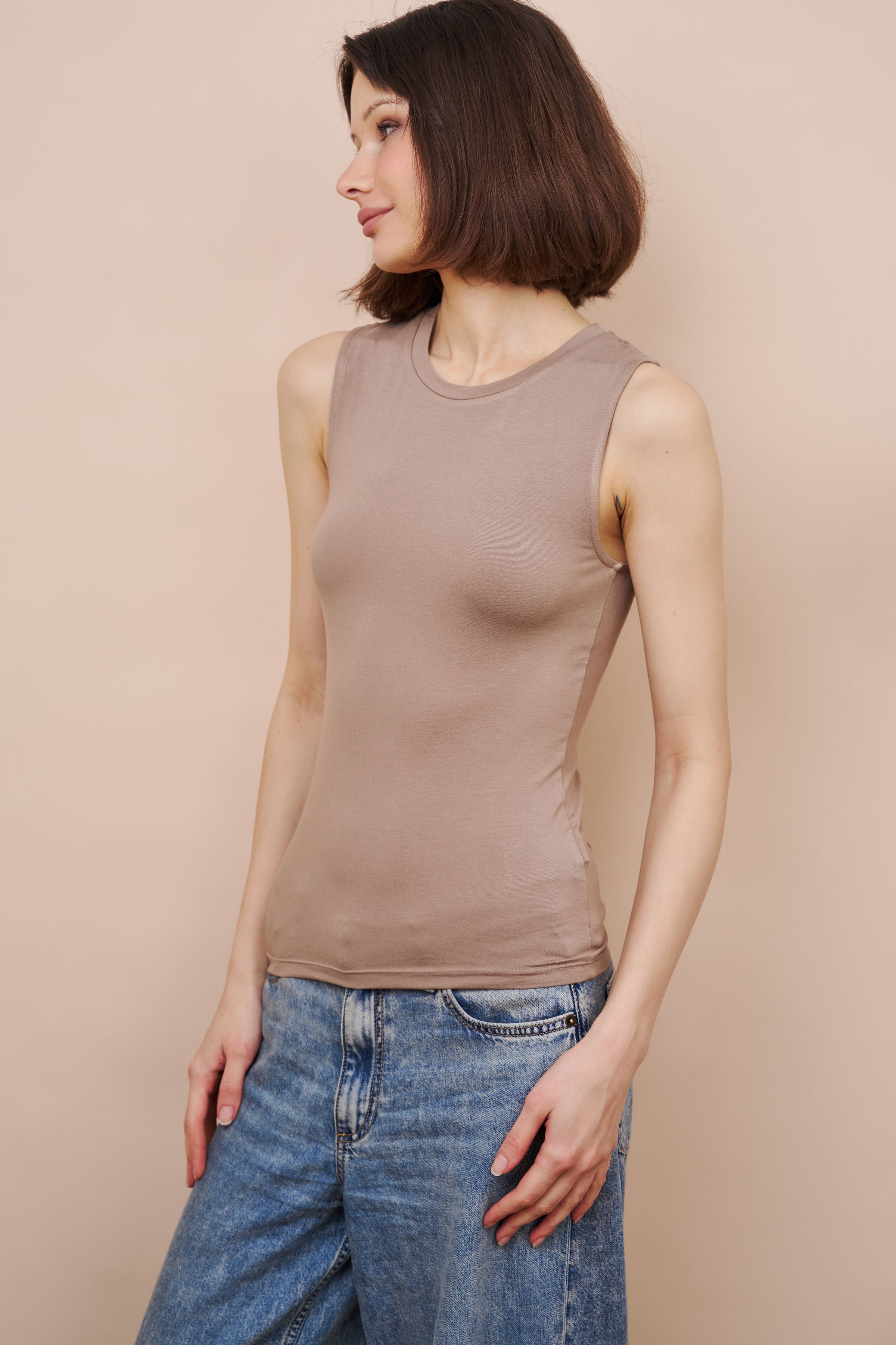 Majestic Soft Touch Sleeveless Crewneck Tank in Coffee Latte