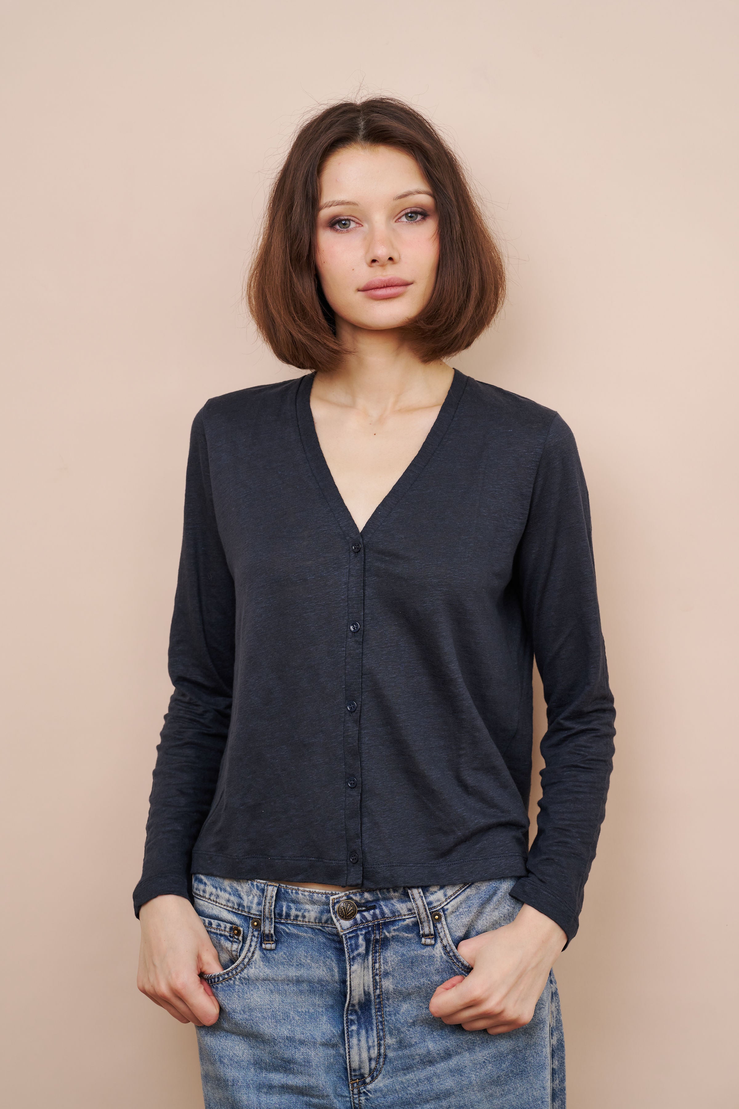 Majestic Stretch Linen Cardigan in Marine