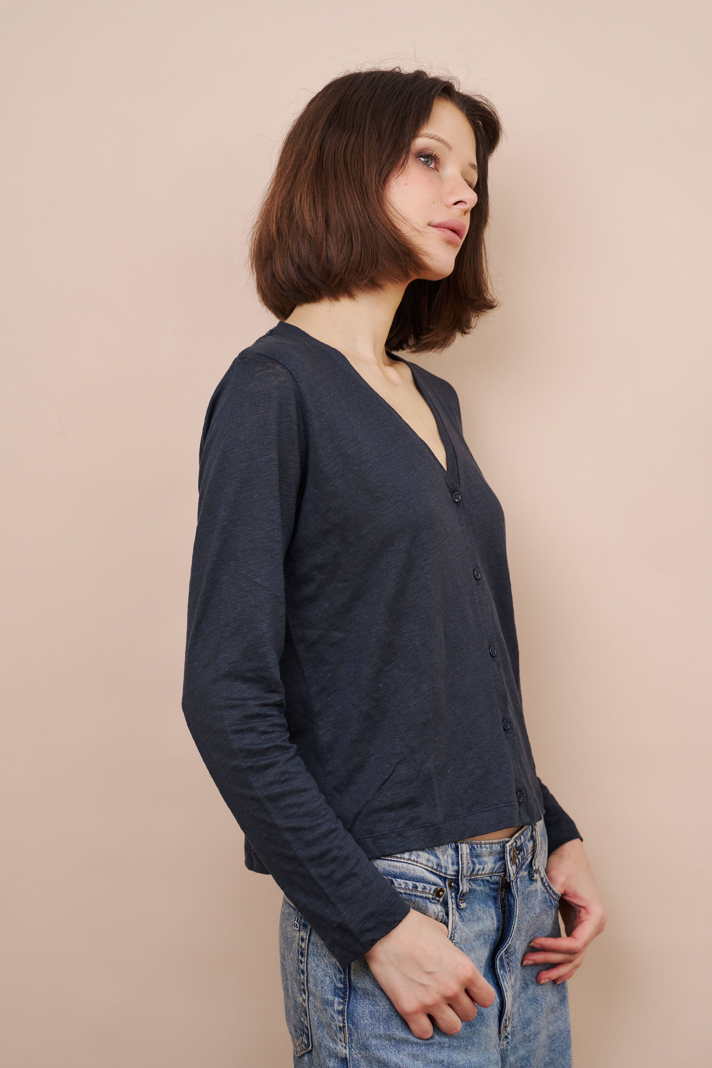 Majestic Stretch Linen Cardigan in Marine