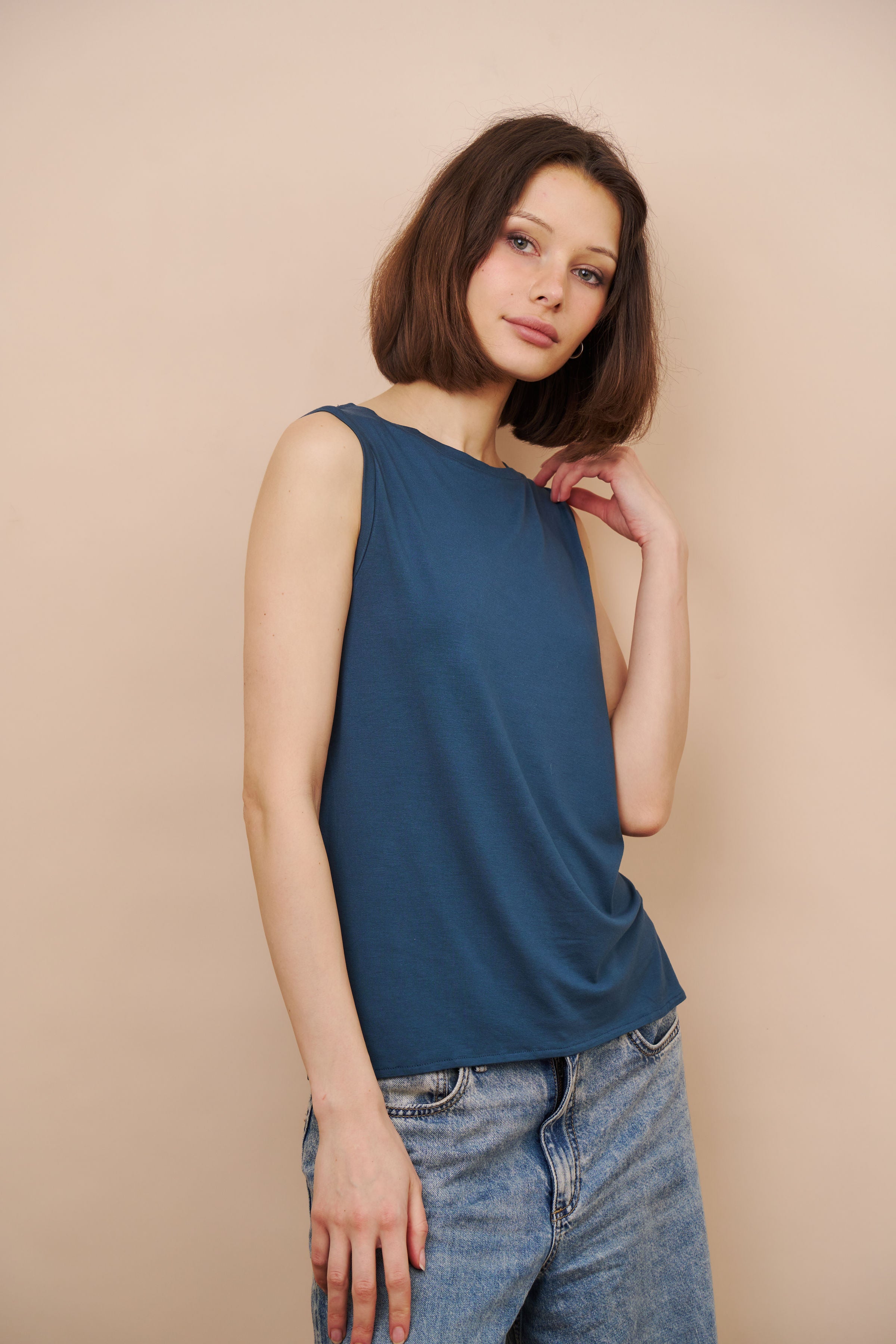 Majestic Soft Touch Semi Relaxed Boatneck Tank in Bleu de Nimes