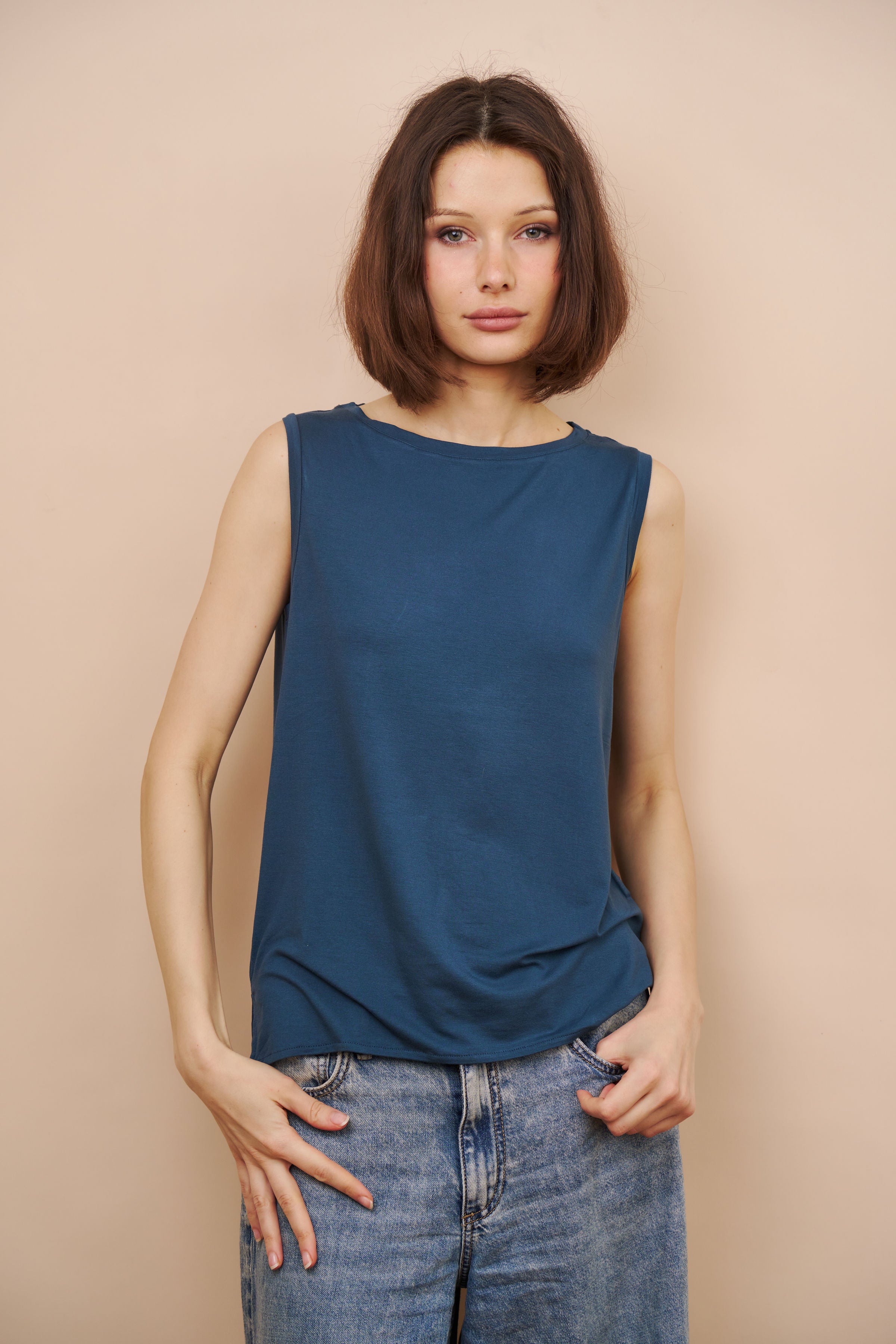Majestic Soft Touch Semi Relaxed Boatneck Tank in Bleu de Nimes