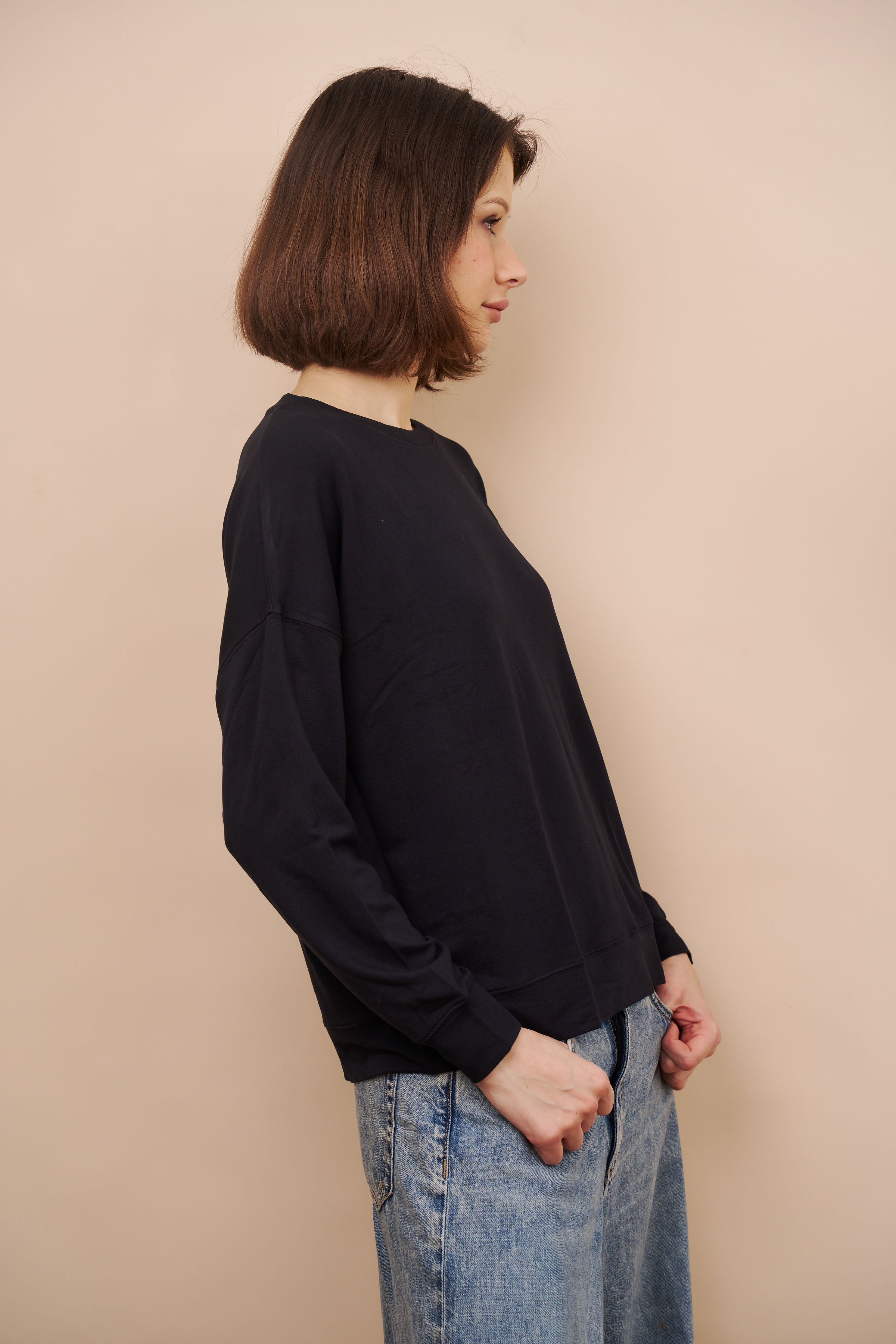 French Terry Long Sleeve Semi Relaxed Crewneck in Marine