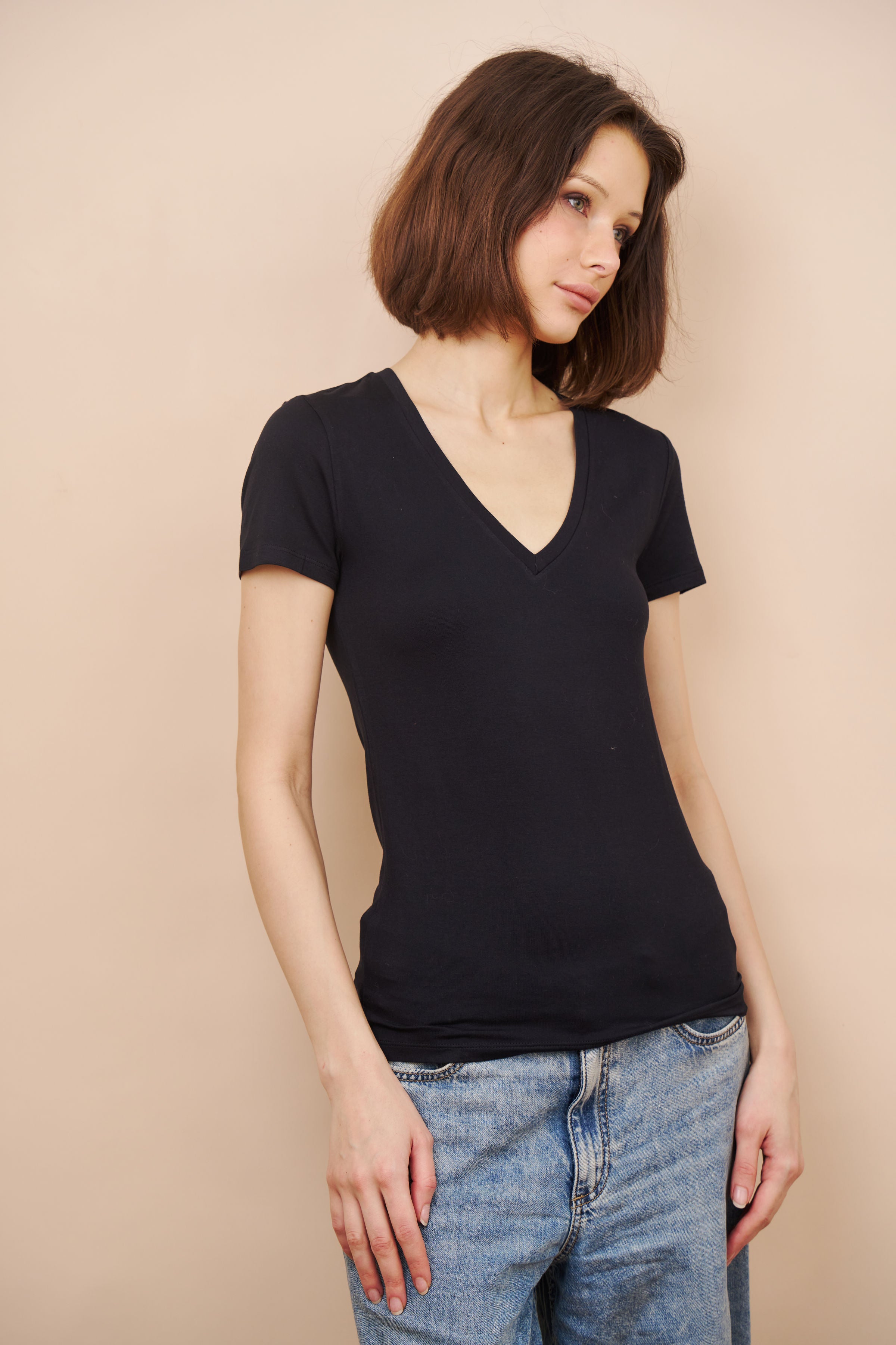 Majestic Short Sleeve V-Neck Tee in Marine