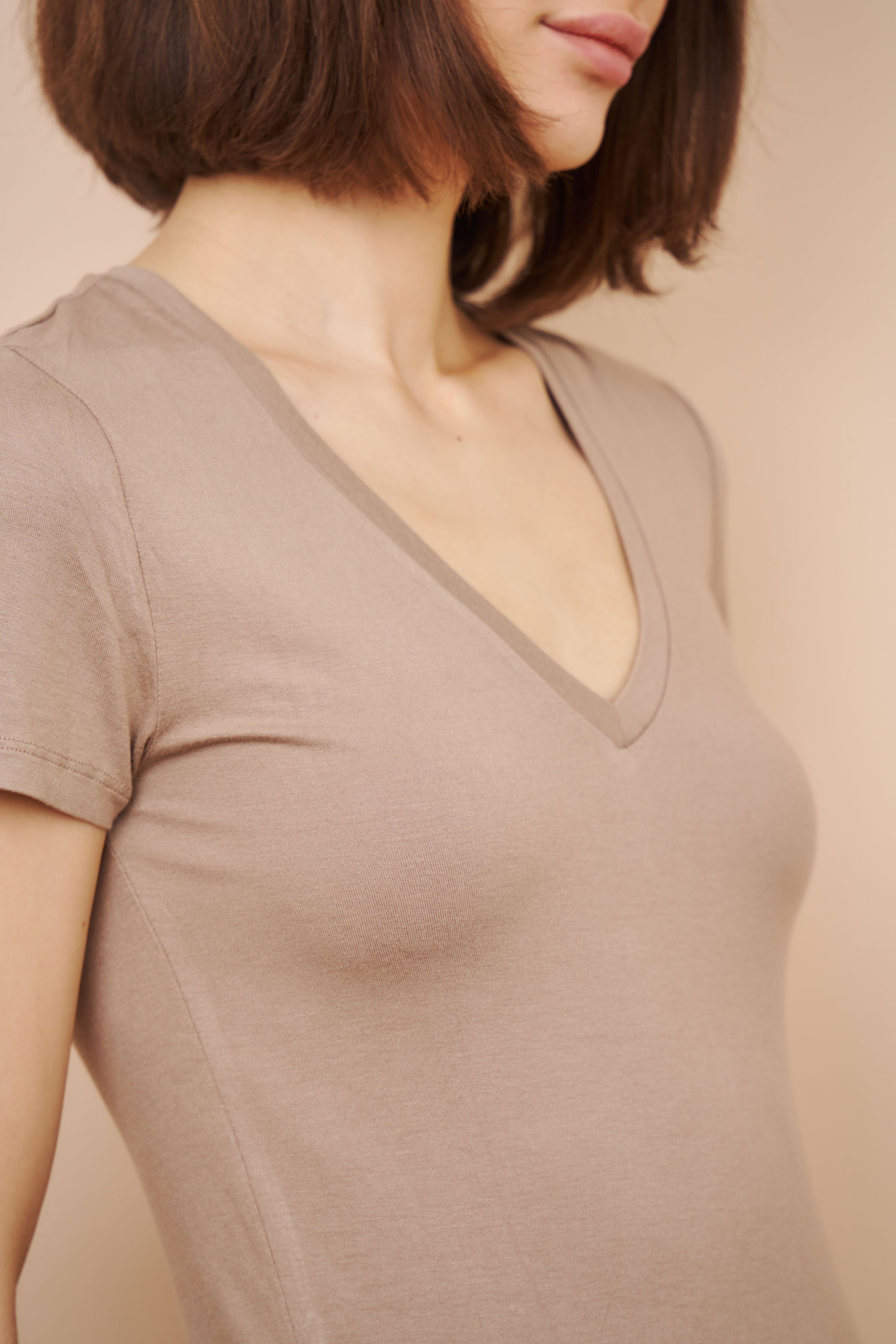 Majestic Short Sleeve V-Neck Tee in Coffee Latte