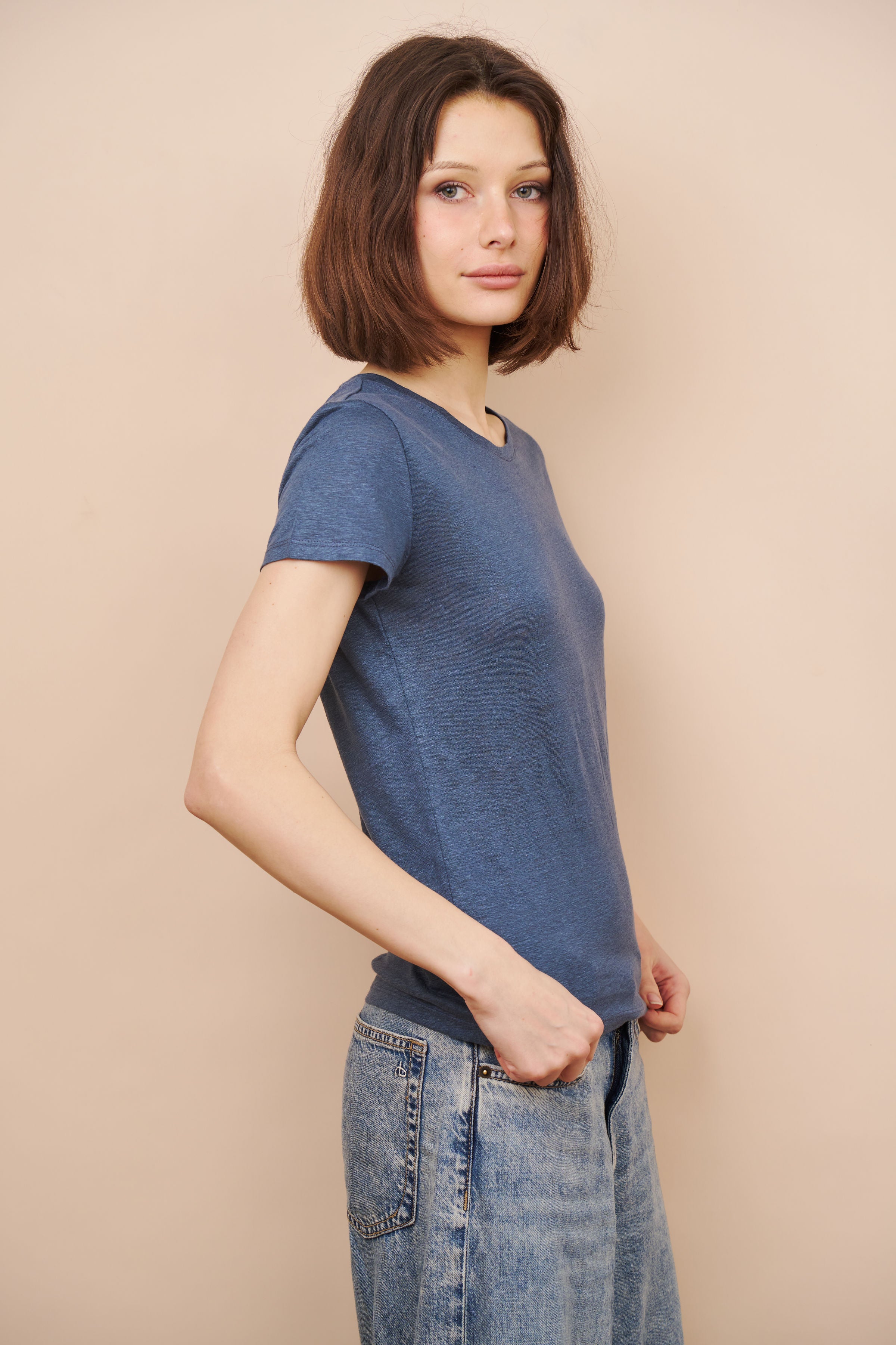 Majestic Linen Short Sleeve Crew Tee in Bleu de Nimes