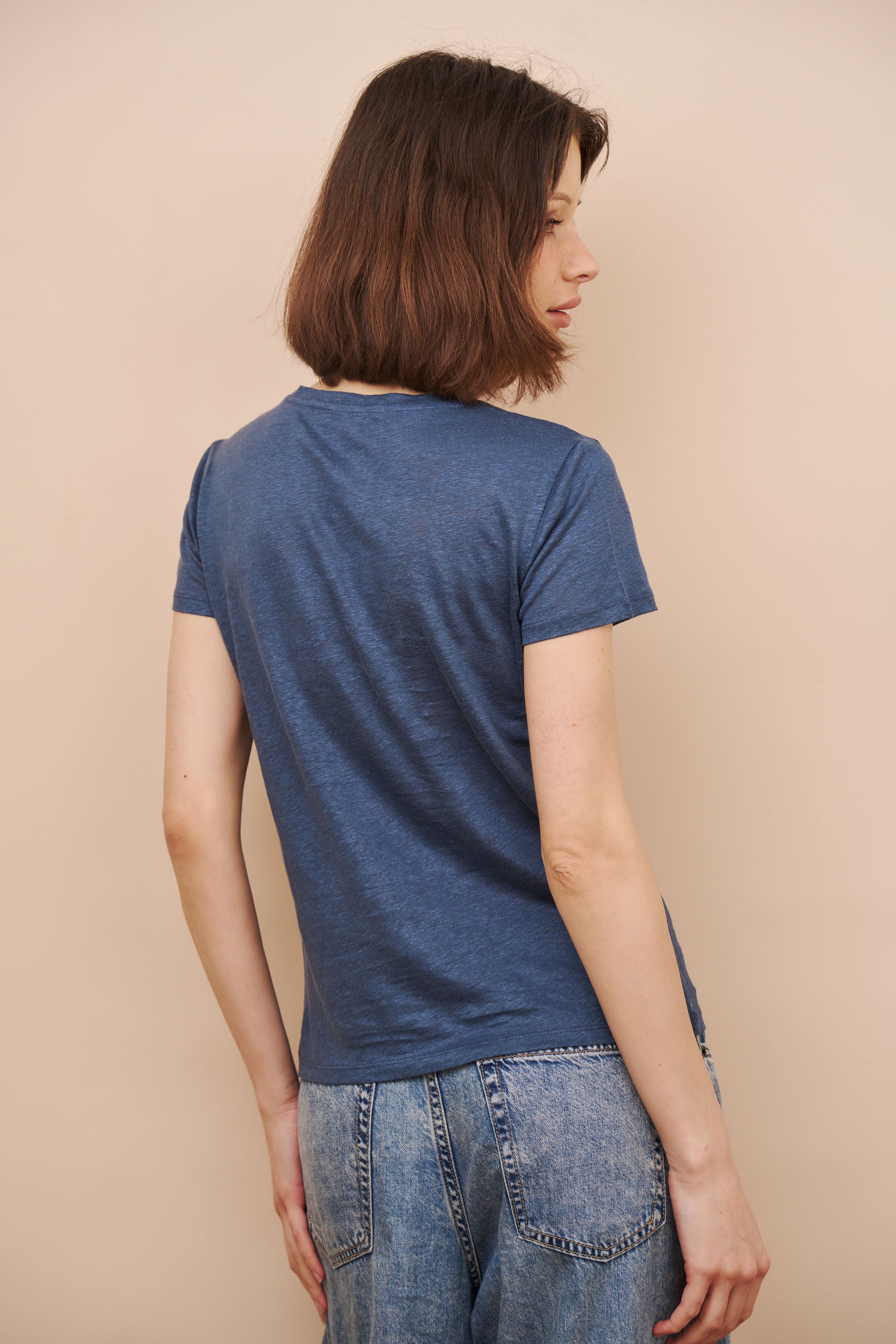 Majestic Linen Short Sleeve Crew Tee in Bleu de Nimes