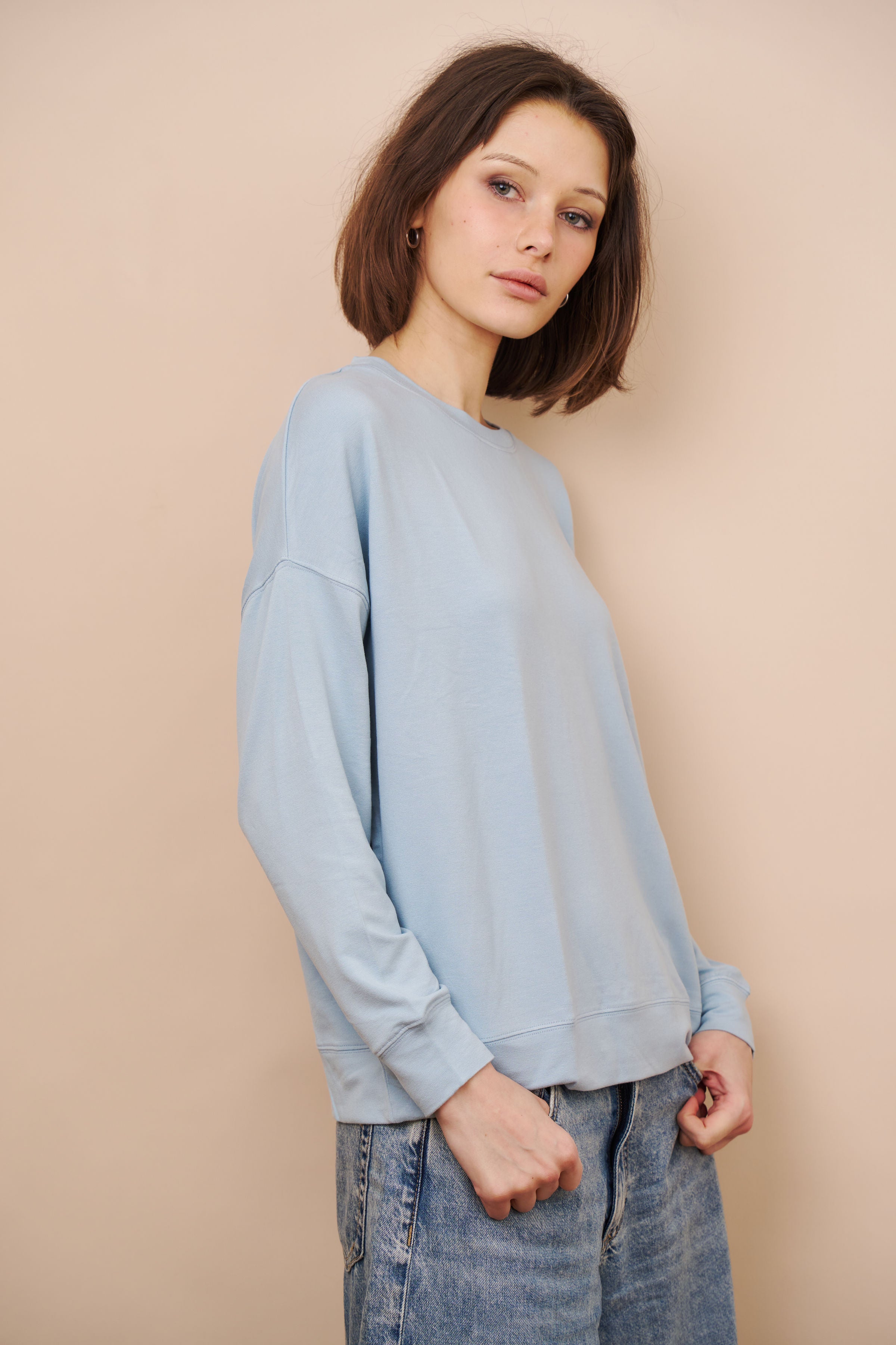 French Terry Long Sleeve Semi Relaxed Crewneck in Bleu Calanques