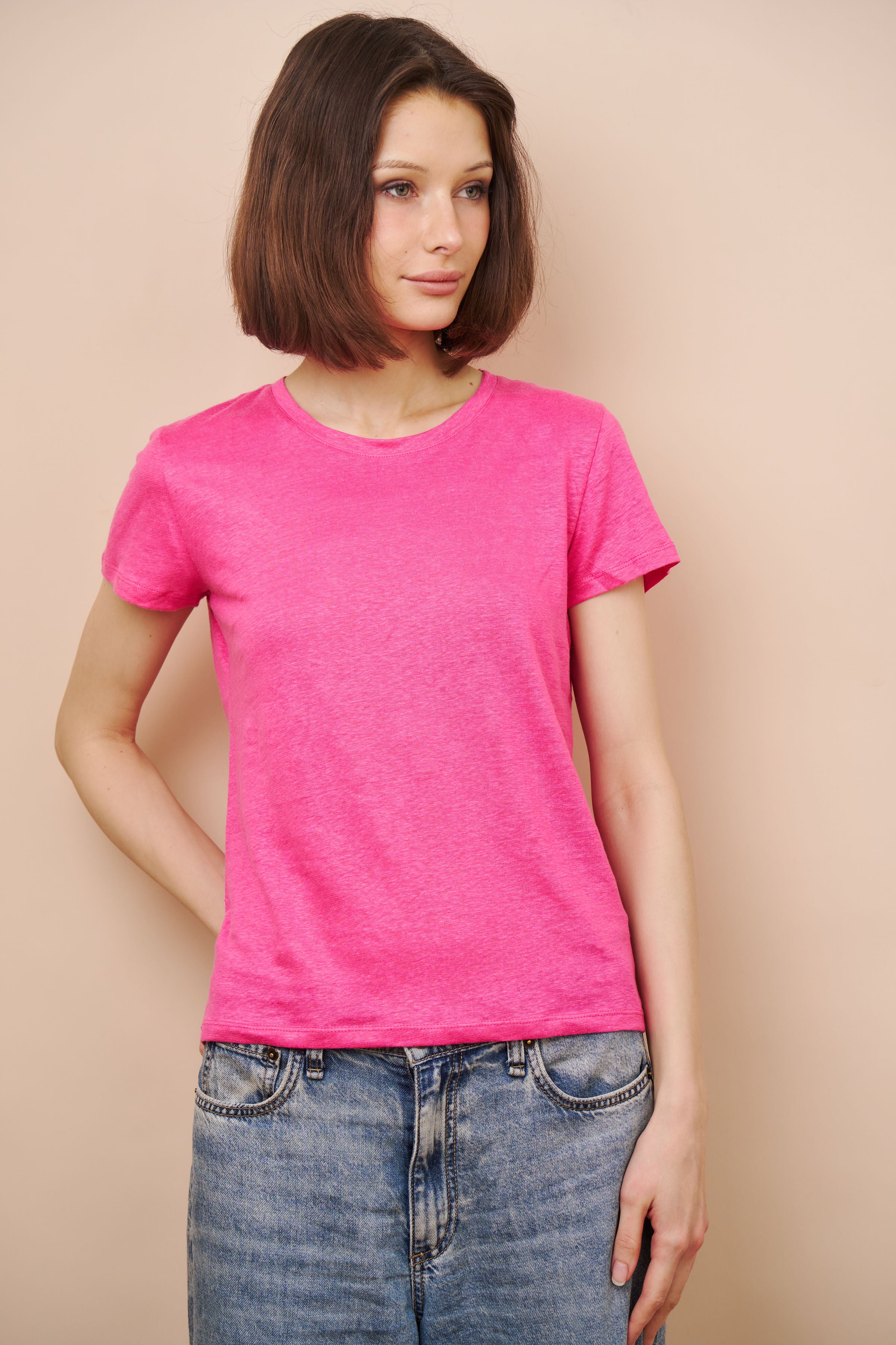 Majestic Linen Short Sleeve Crew Tee in Buganvillia