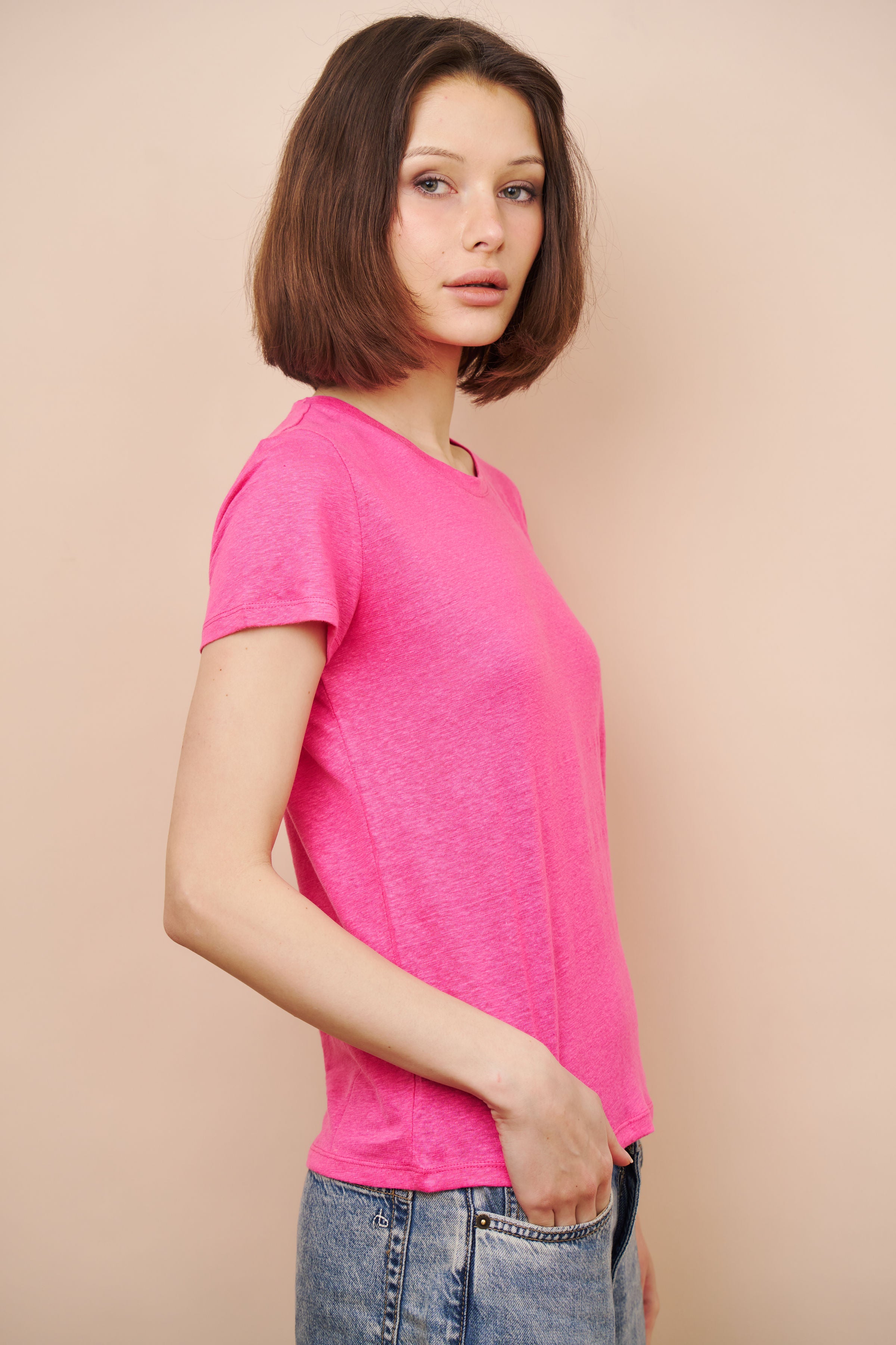 Majestic Linen Short Sleeve Crew Tee in Buganvillia