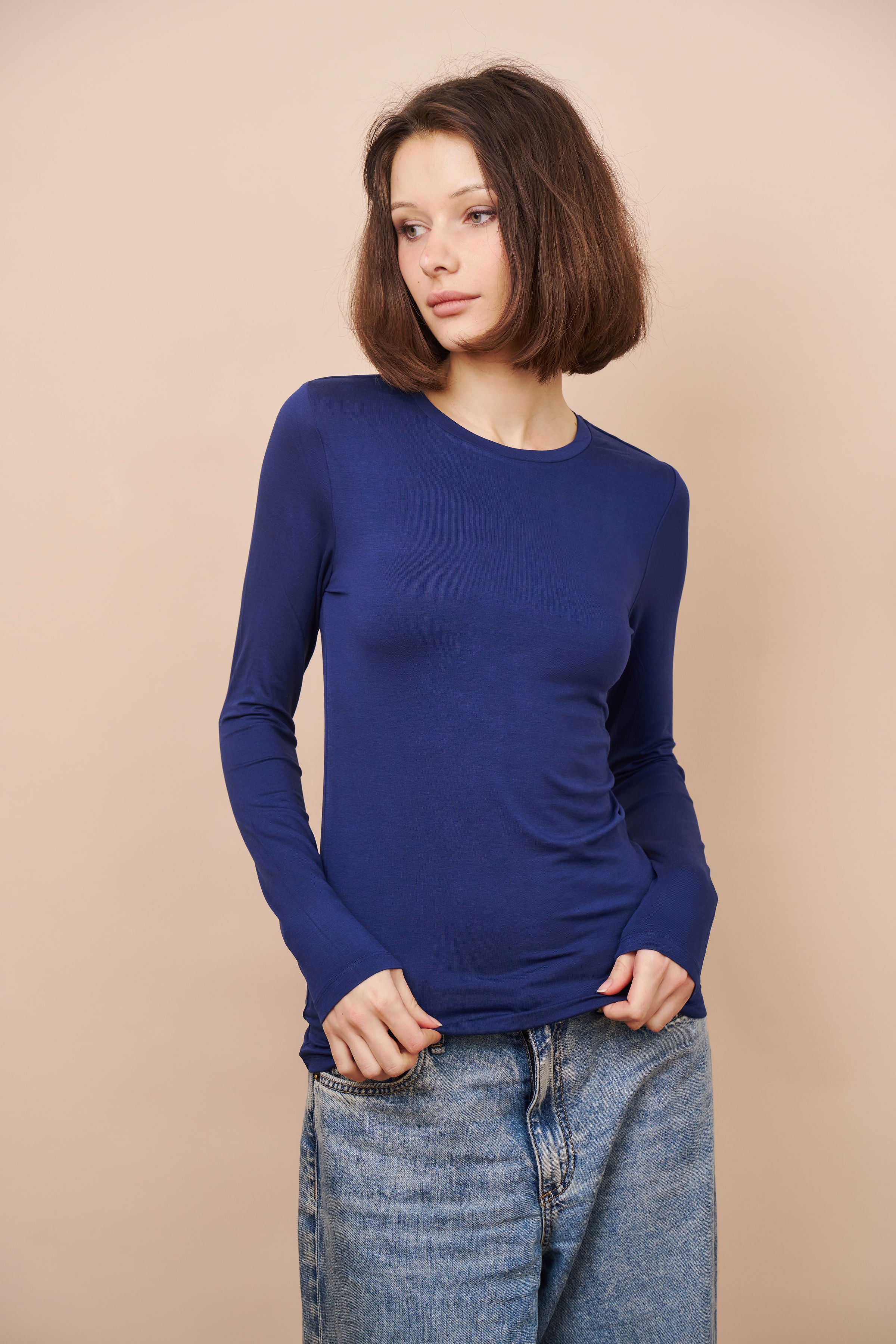 Majestic Long Sleeve Soft Touch Viscose Crewneck in Blue Moon