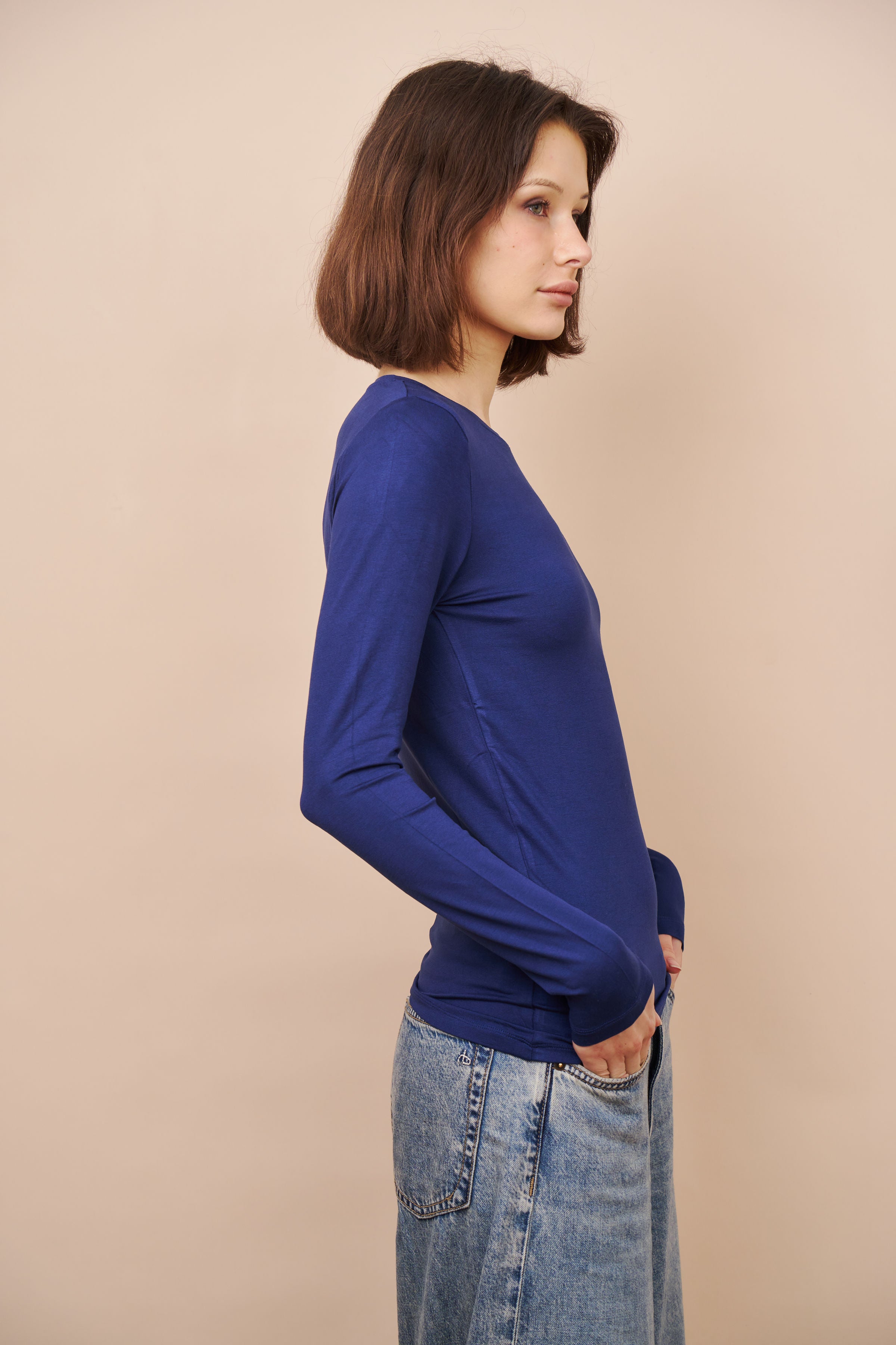 Majestic Long Sleeve Soft Touch Viscose Crewneck in Blue Moon