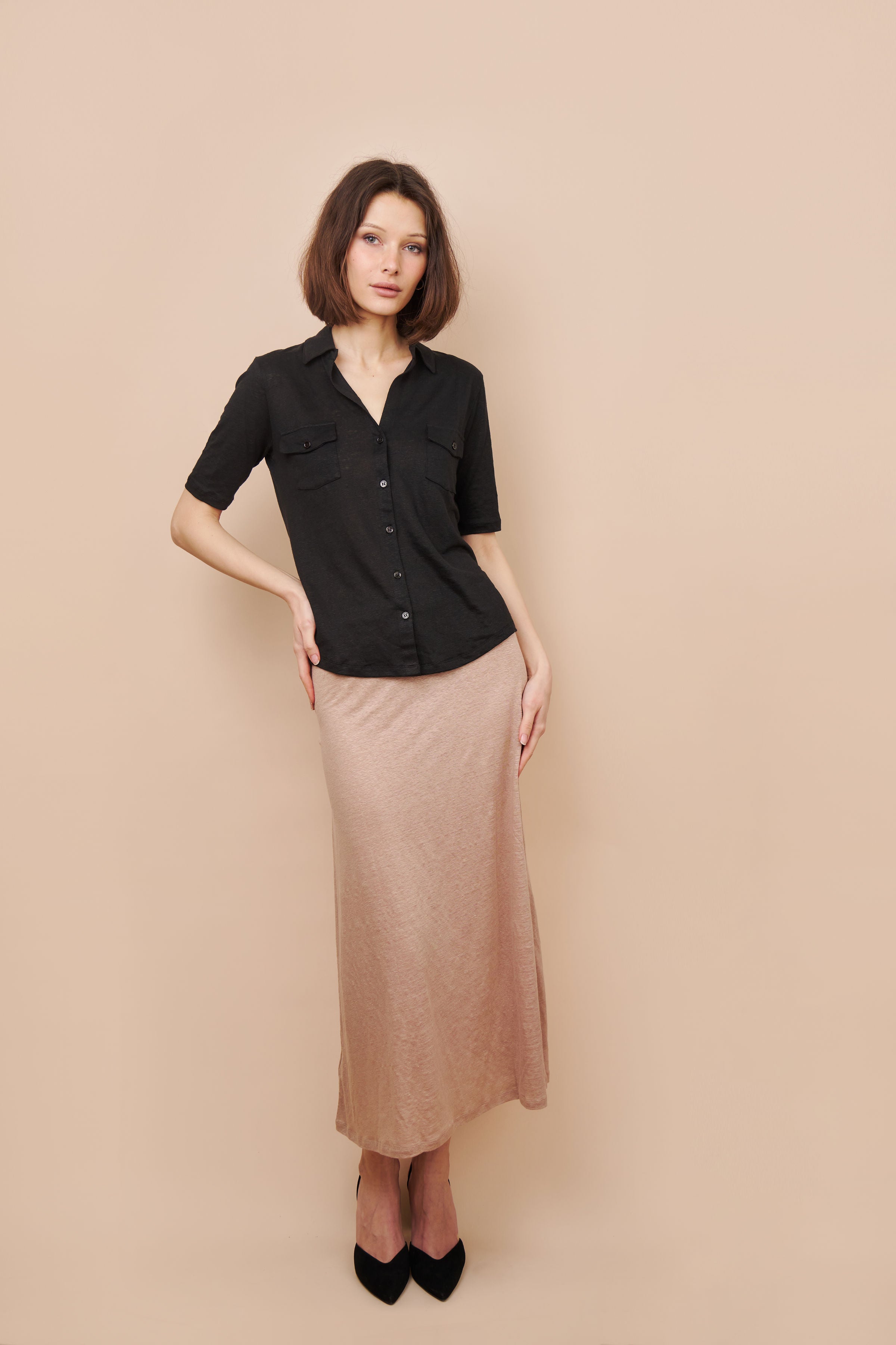 Stretch Linen Pull On Maxi Skirt in Desert