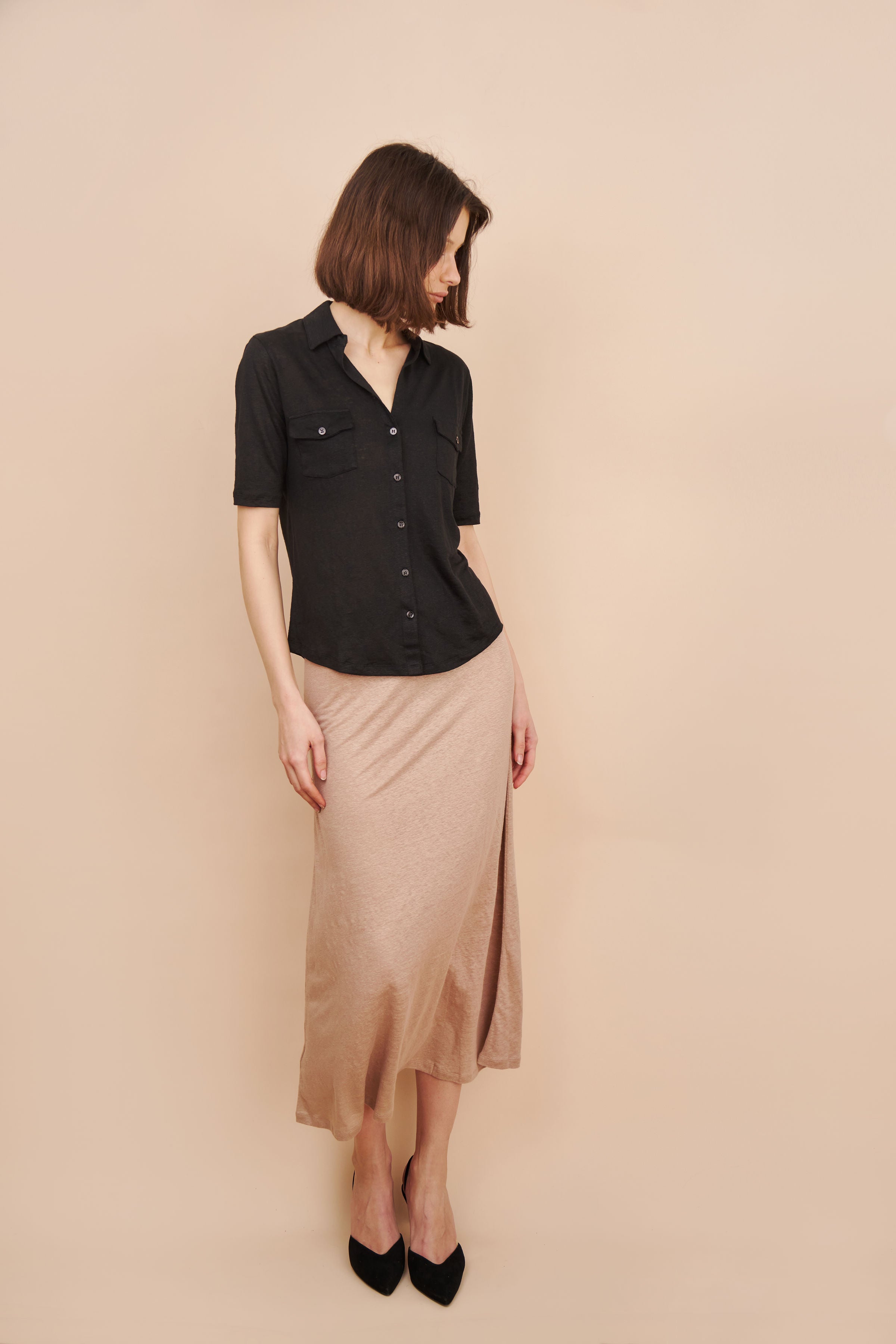 Stretch Linen Pull On Maxi Skirt in Desert