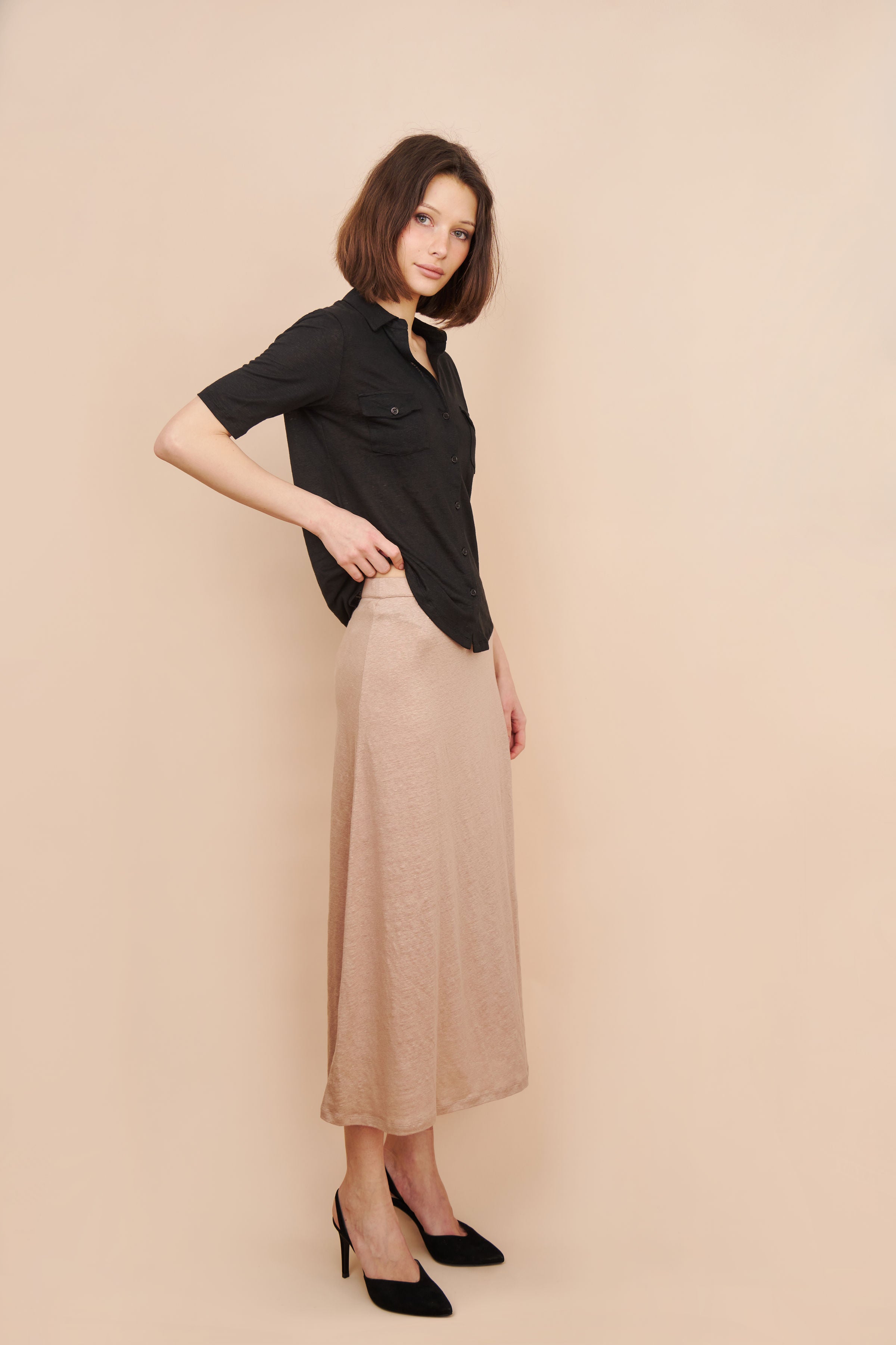 Stretch Linen Pull On Maxi Skirt in Desert