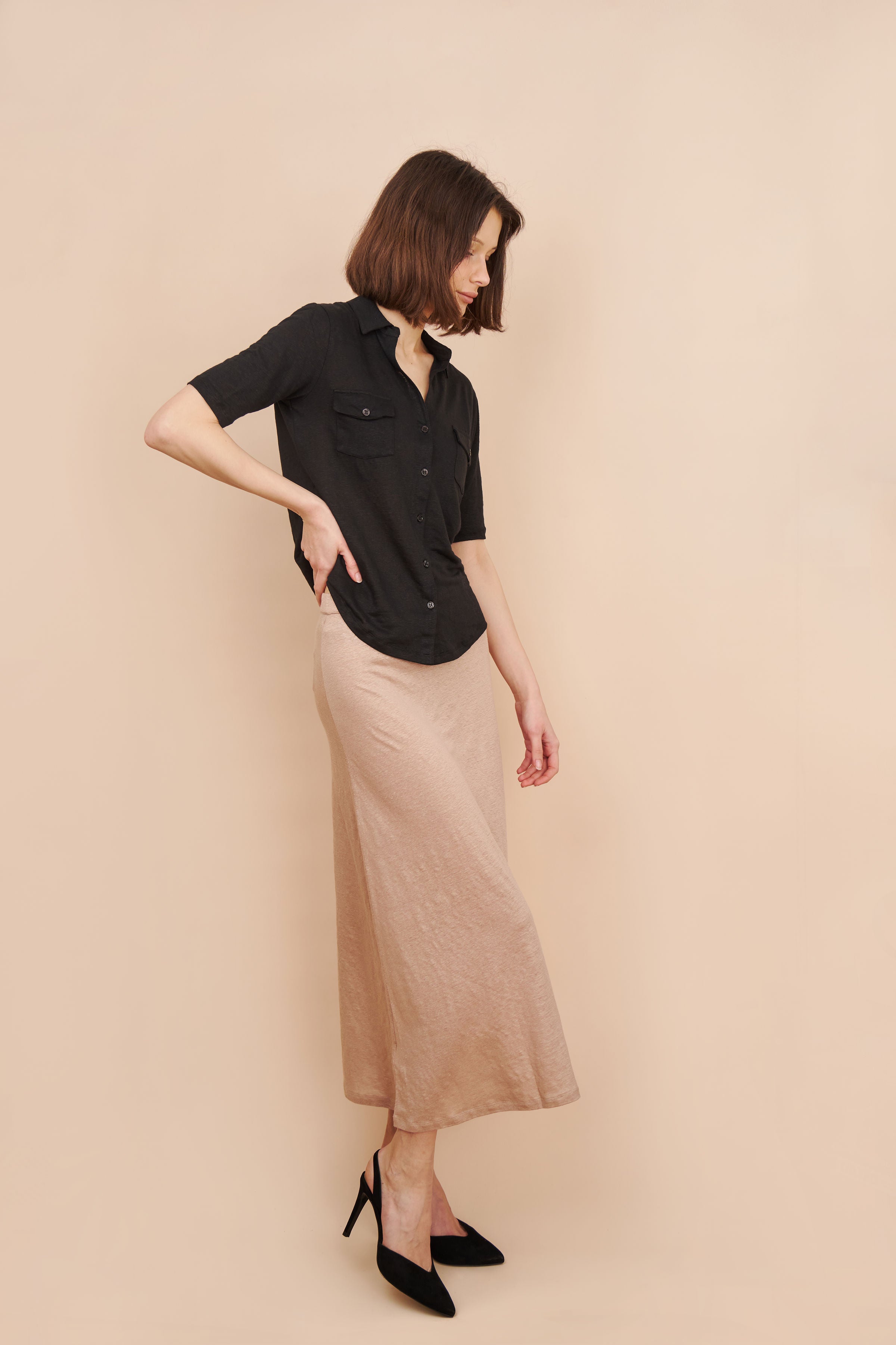 Stretch Linen Pull On Maxi Skirt in Desert