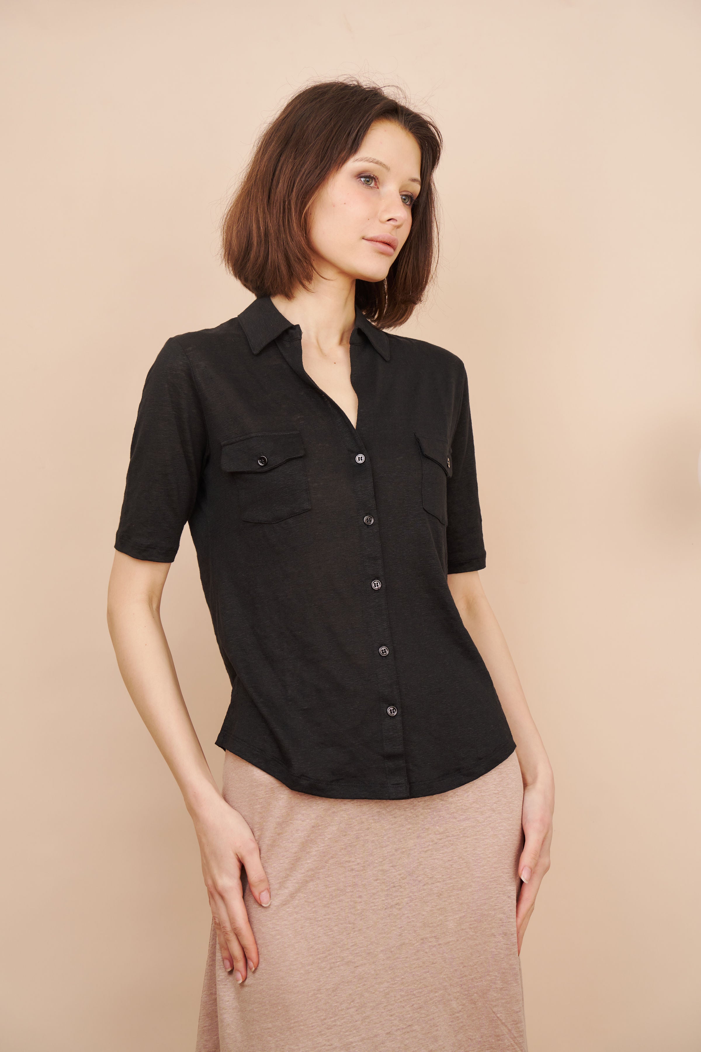 Stretch Linen 3/4 Sleeve Pocket Shirt in Noir