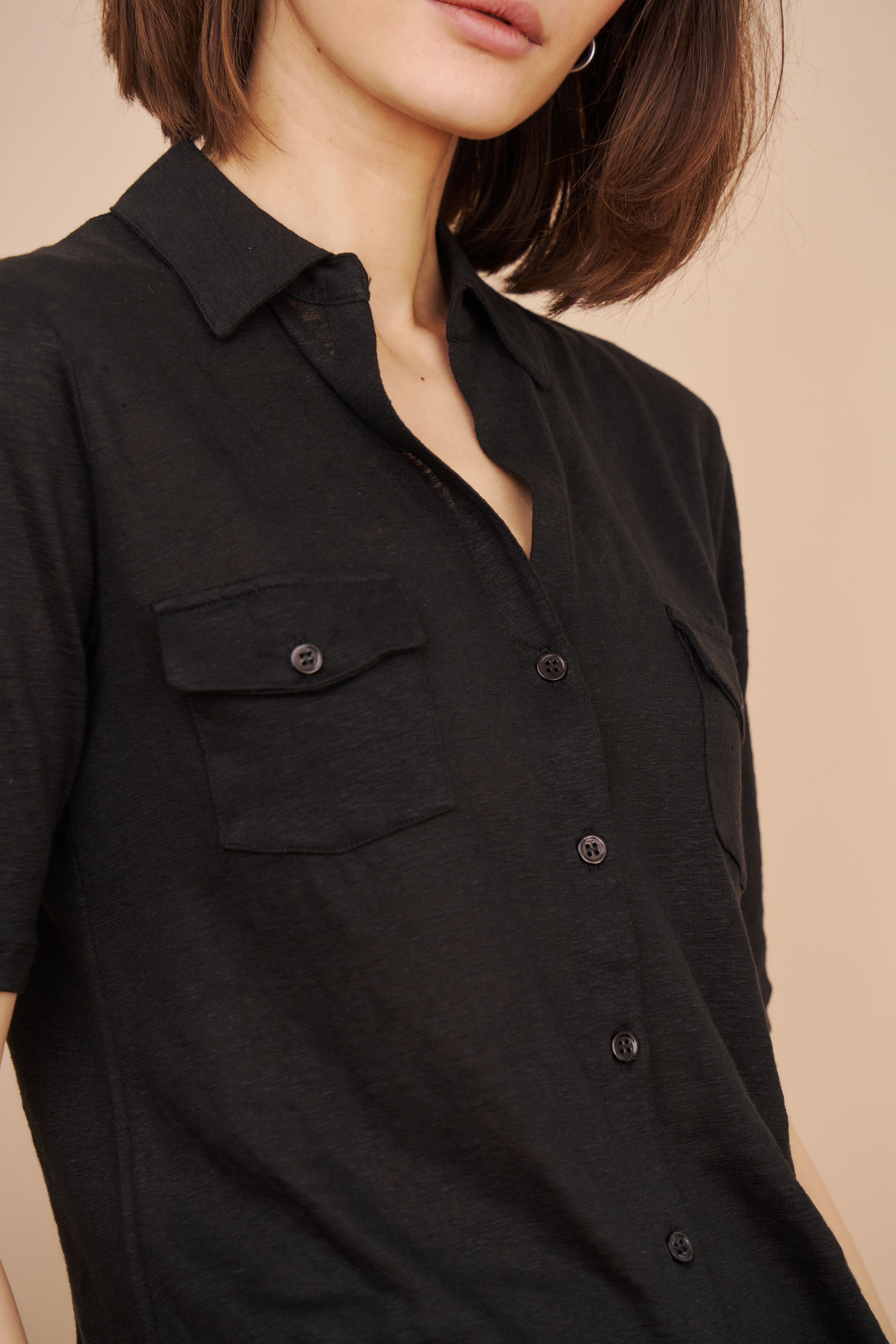 Stretch Linen 3/4 Sleeve Pocket Shirt in Noir