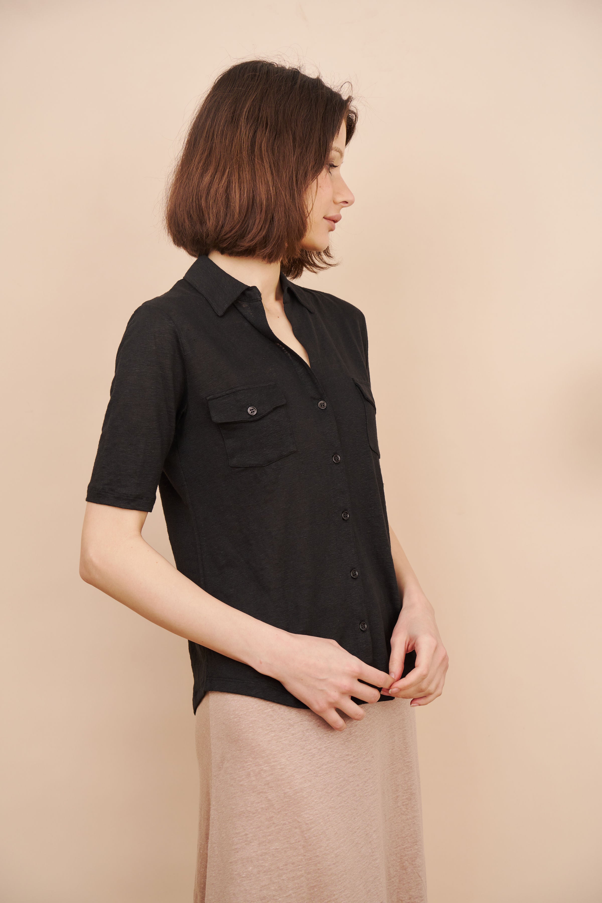 Stretch Linen 3/4 Sleeve Pocket Shirt in Noir