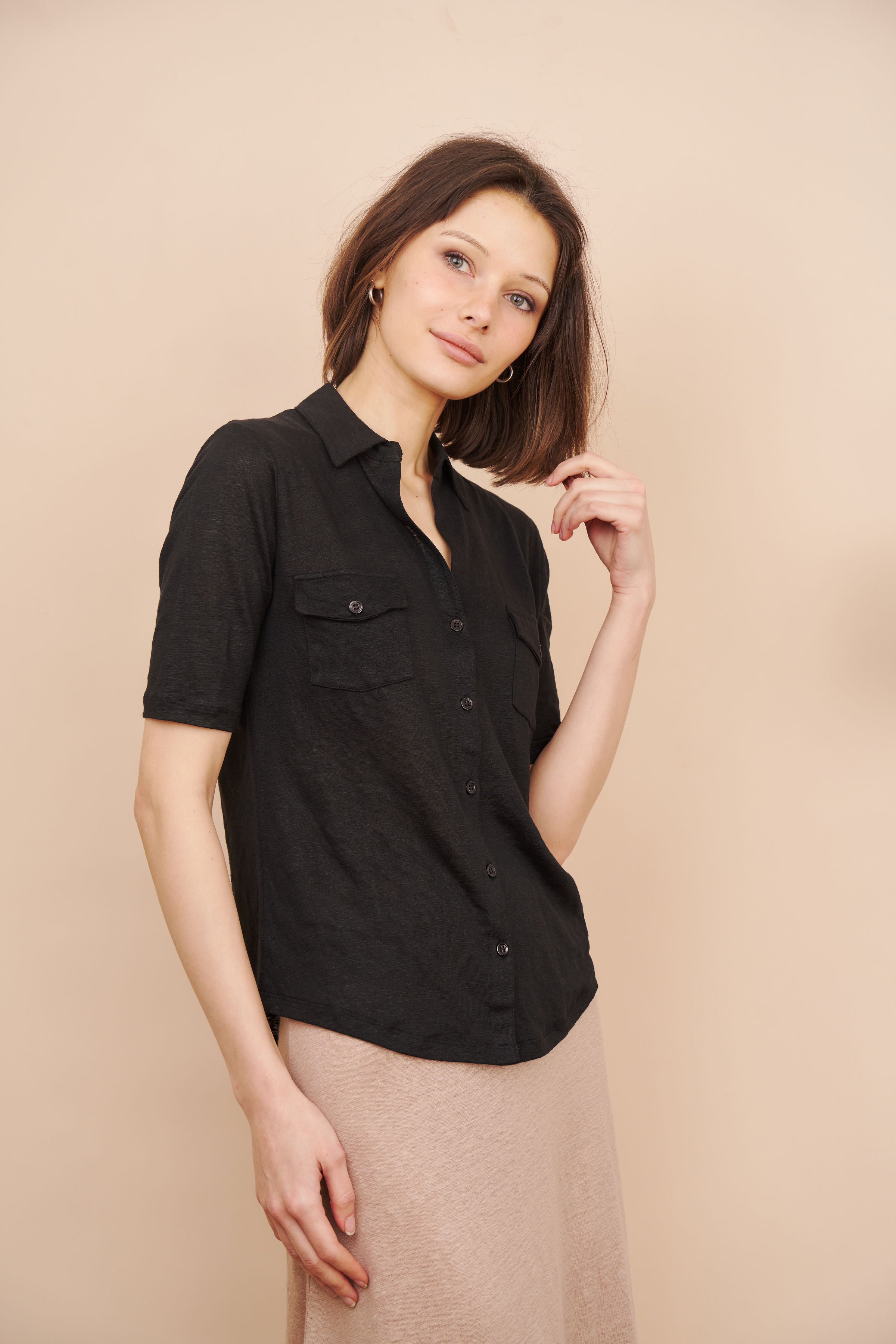 Stretch Linen 3/4 Sleeve Pocket Shirt in Noir