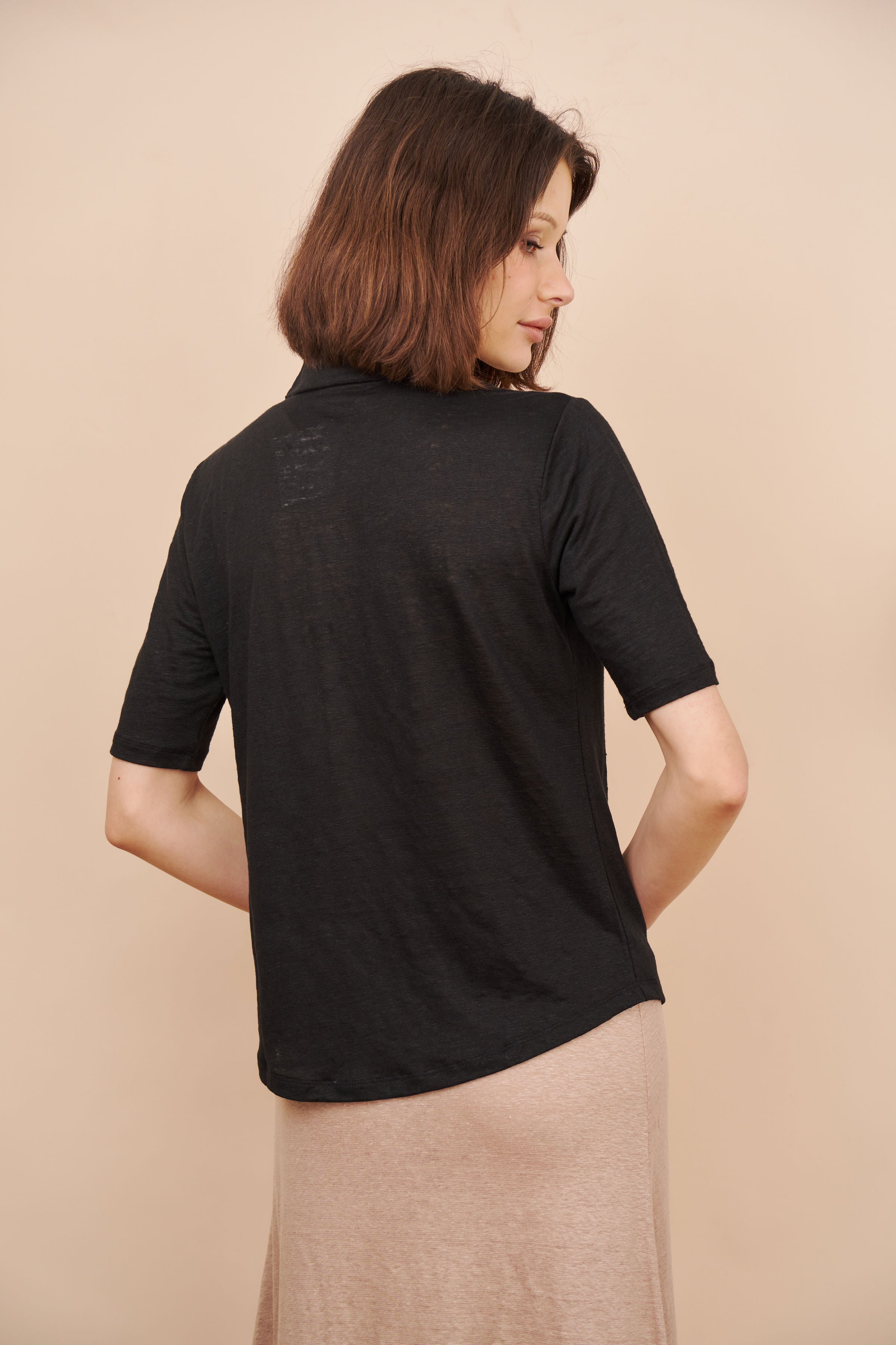 Stretch Linen 3/4 Sleeve Pocket Shirt in Noir